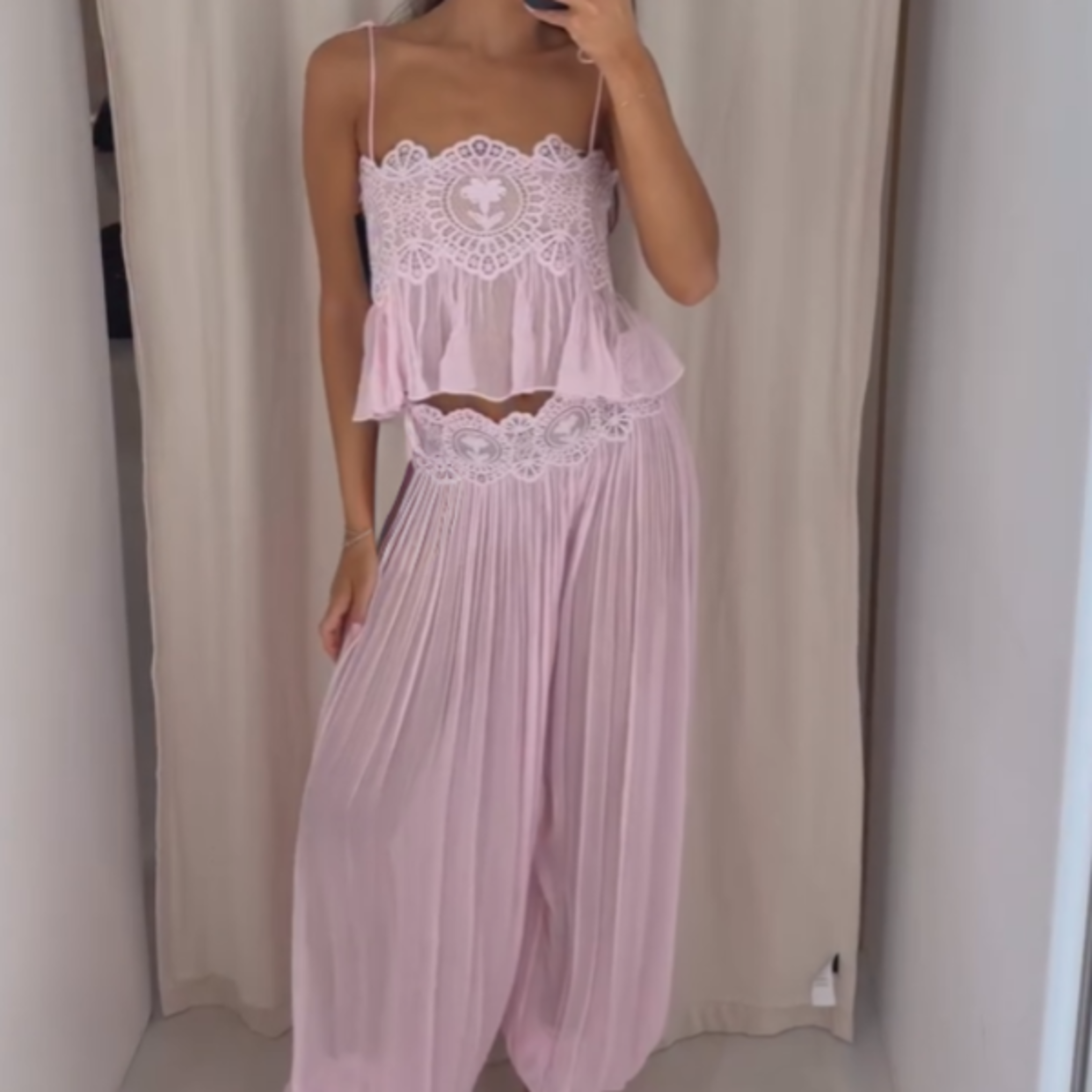 luna lace women's summer pants set with backless crop top & pleated lantern pants