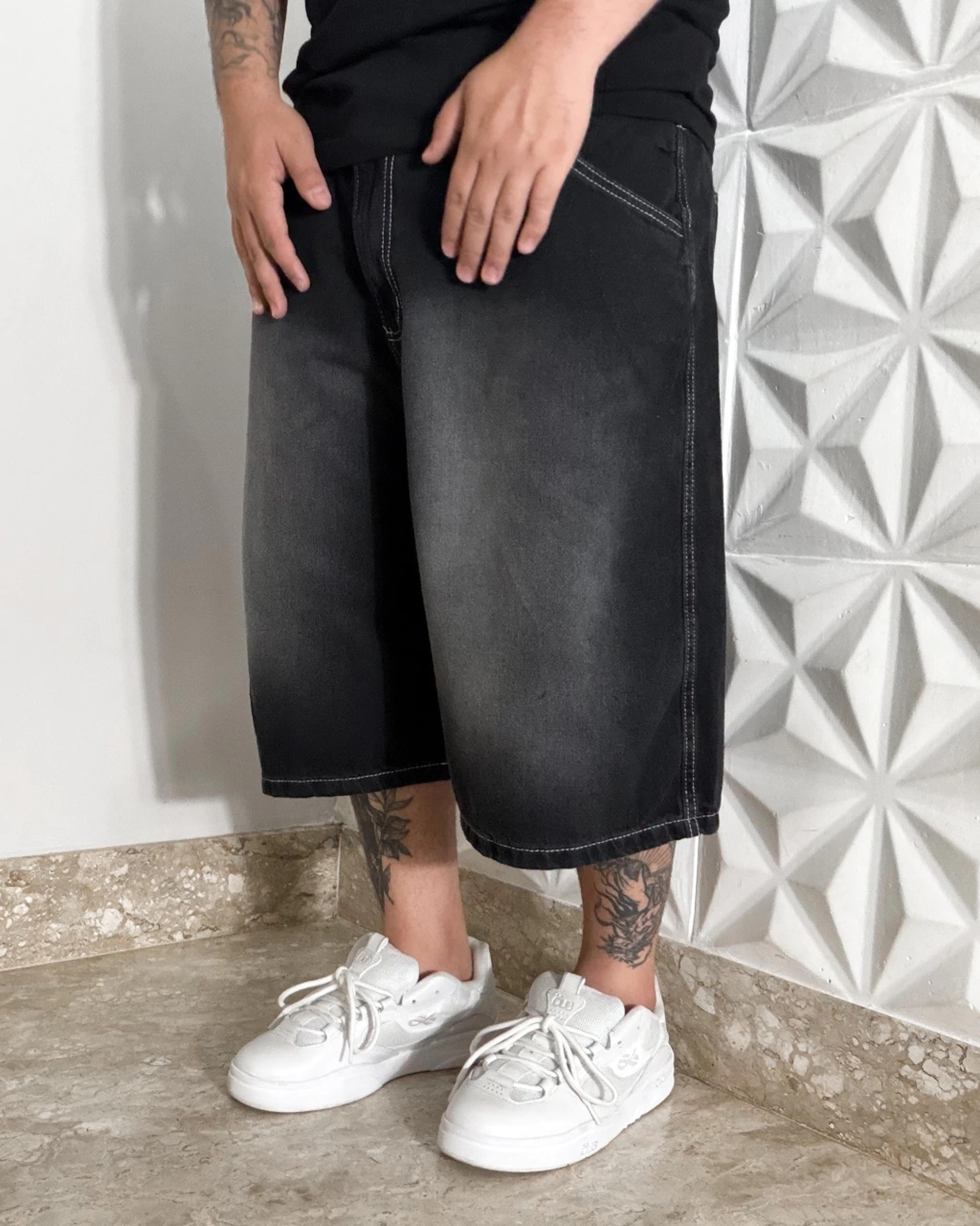 Urban Fade Baggy Denim Jorts For Men Black Washed Streetwear Hip Hop Shorts 5