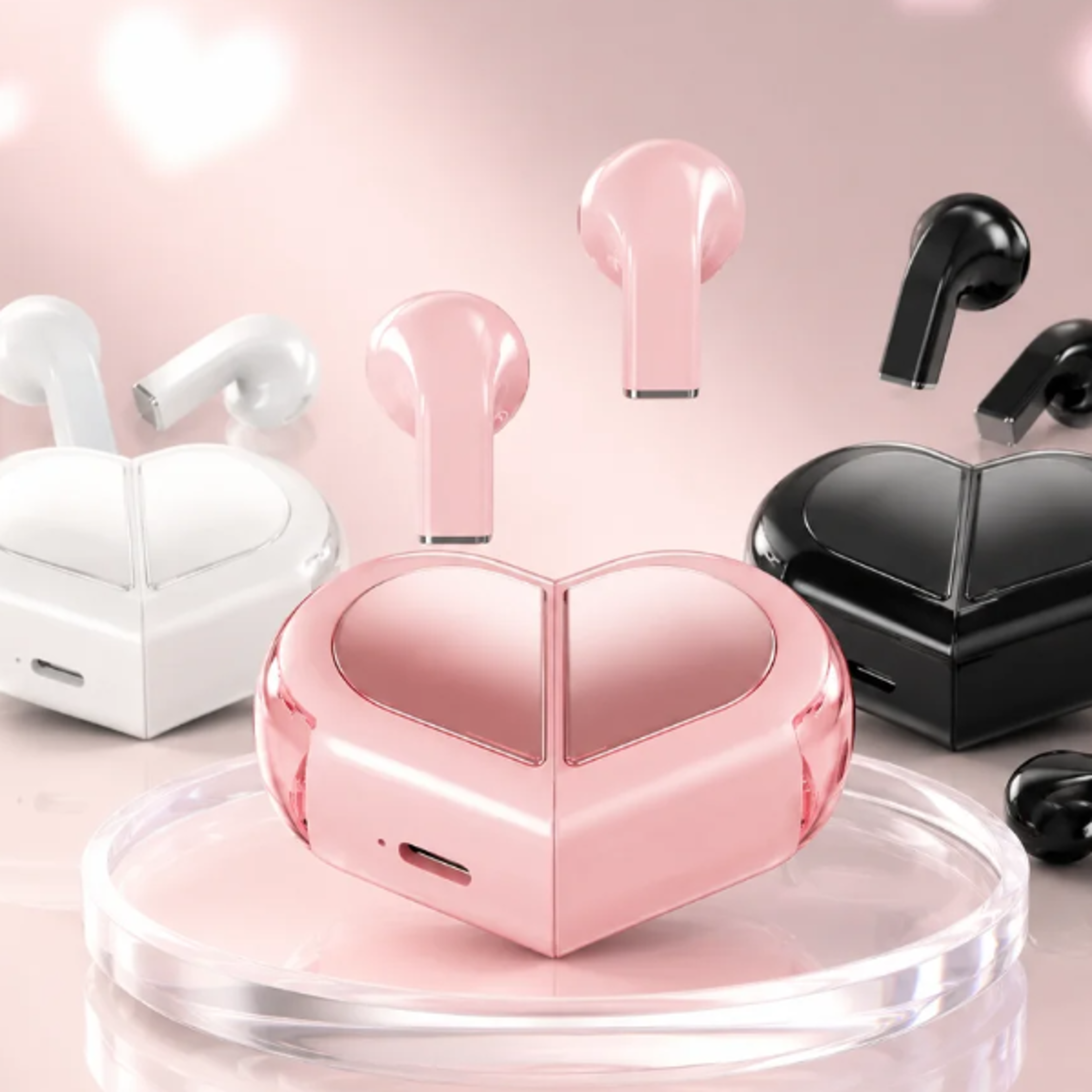 heart shaped wireless bluetooth earbuds with hifi sound & noise reduction charging case