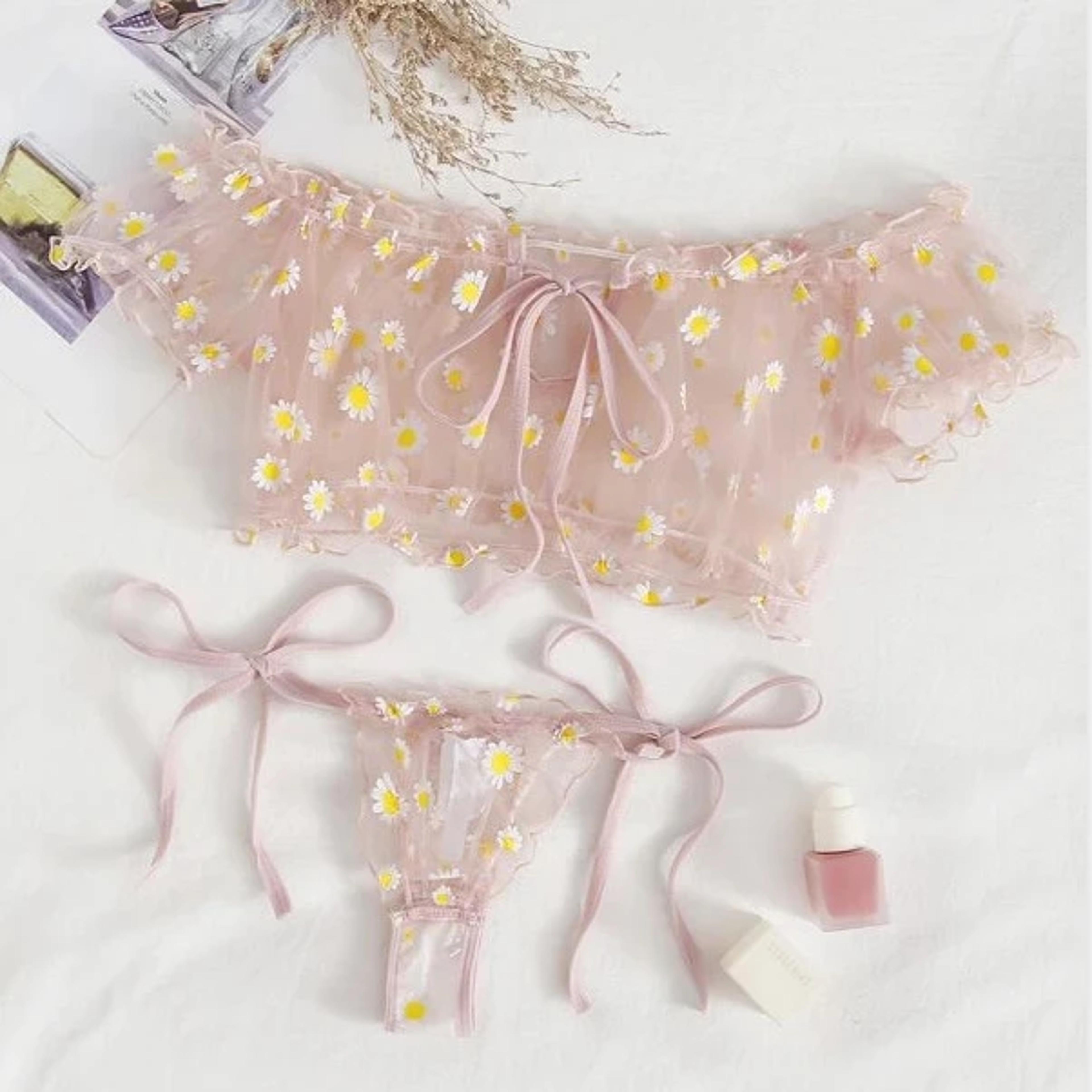 Floral Embroidery Lace Lingerie Set For Women Off Shoulder Sheer Bra And Thong 3