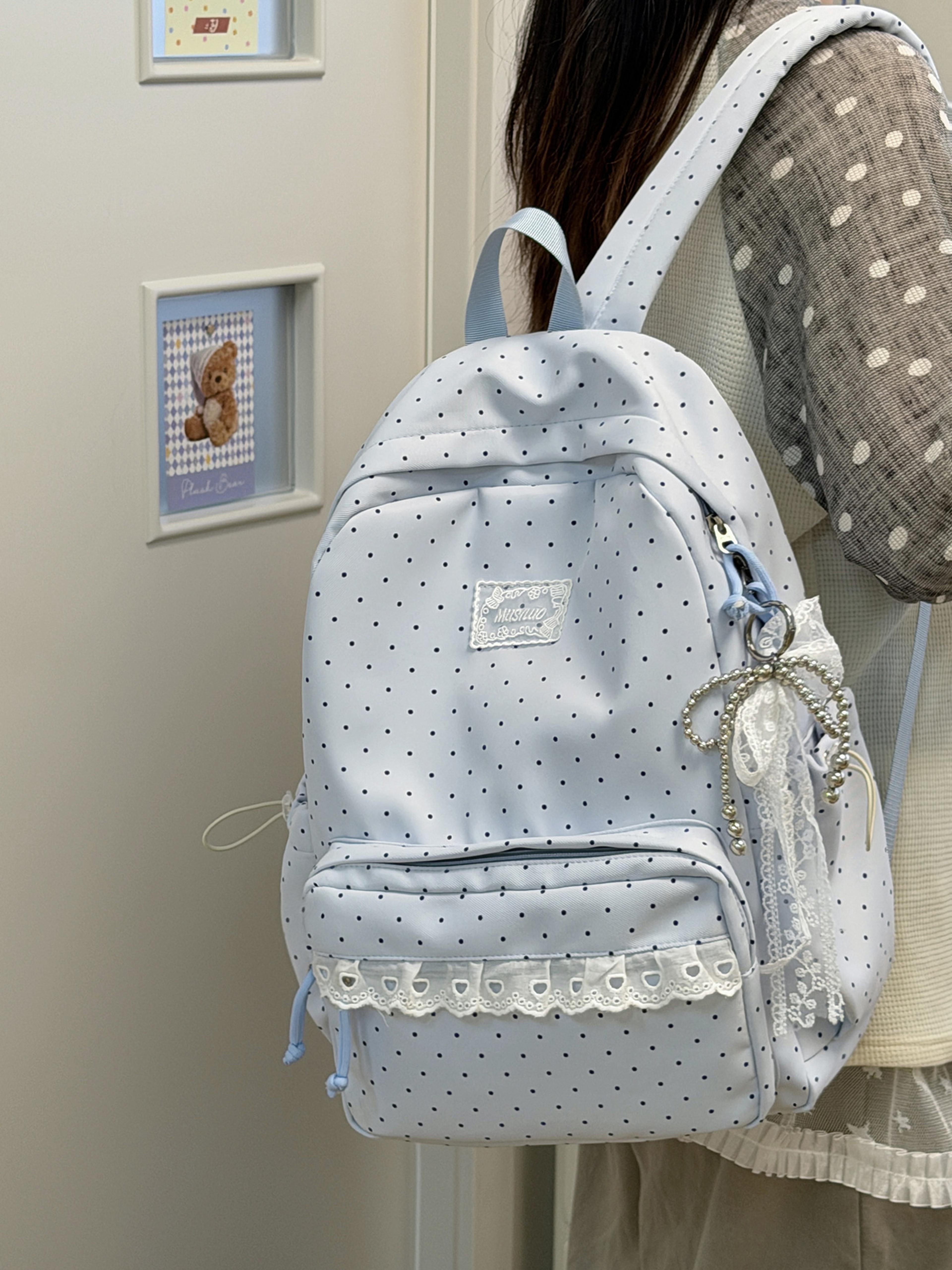 Back To School Korean Style Backpack For Women Cute Polka Dot Lightweight Nylon School Travel Bag 1