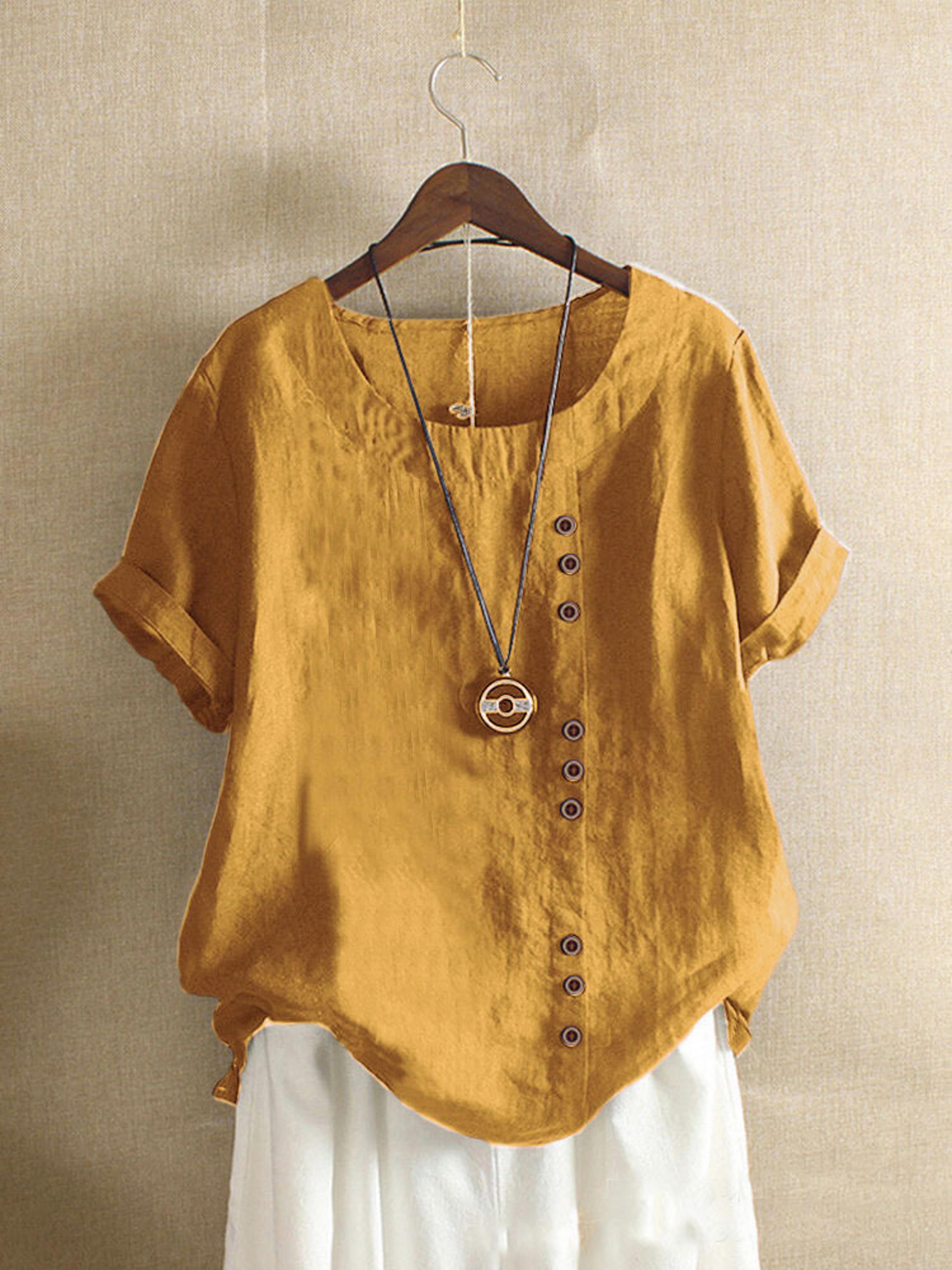 Vintage Harajuku Button T Shirt Linen Casual Short Sleeve Loose Blouse 1