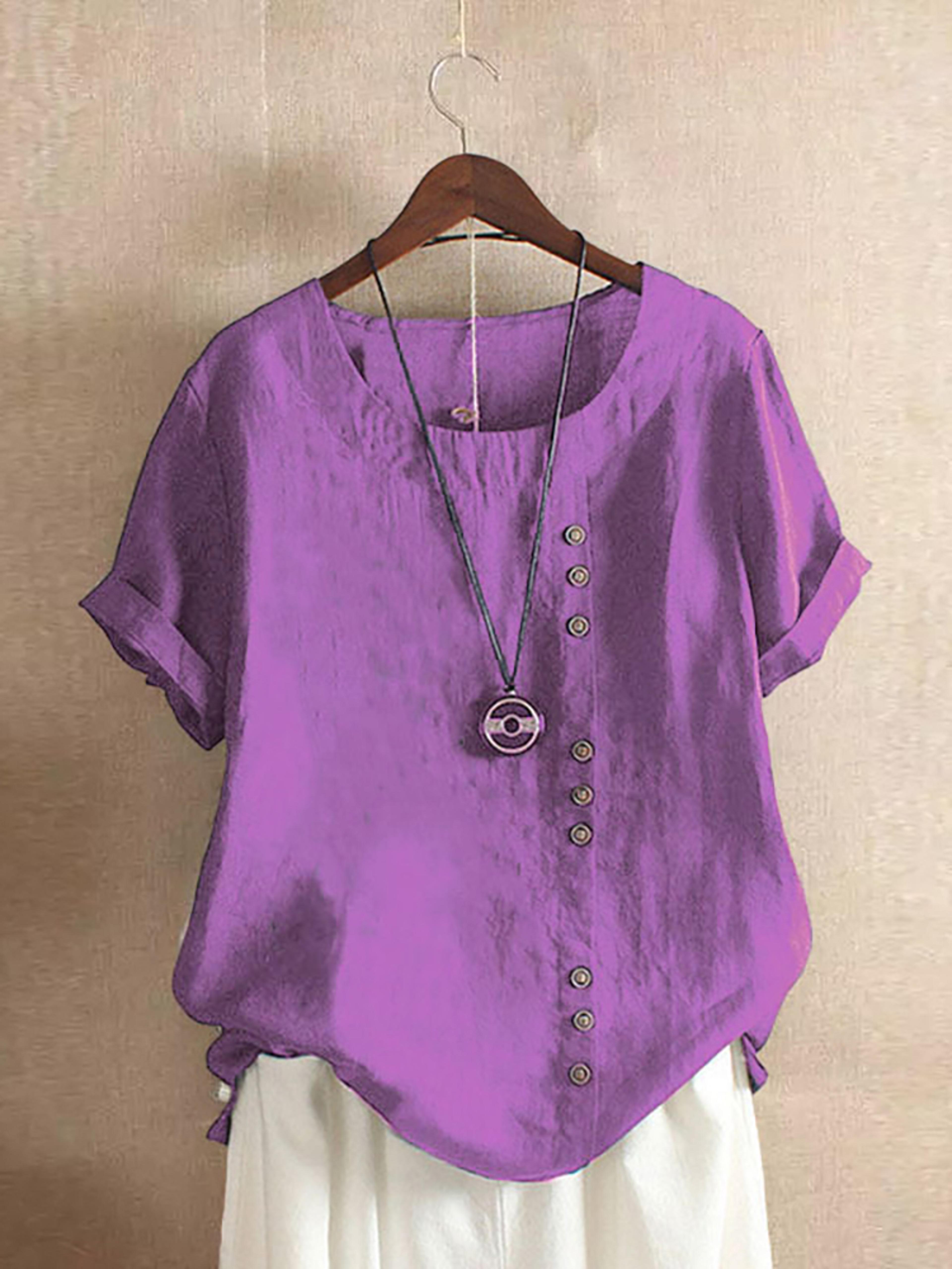 Vintage Harajuku Button T Shirt Linen Casual Short Sleeve Loose Blouse 5