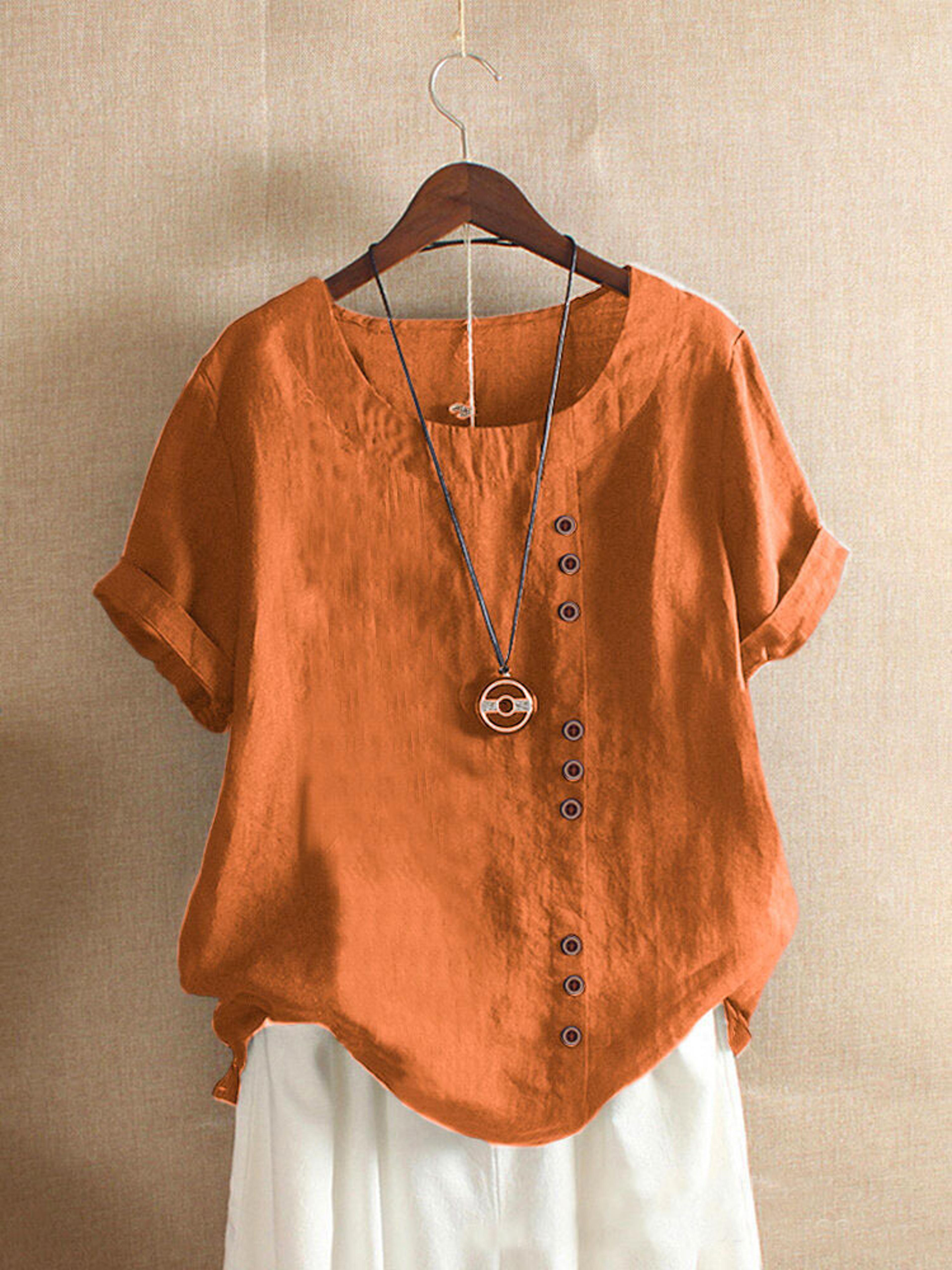 Vintage Harajuku Button T Shirt Linen Casual Short Sleeve Loose Blouse 7