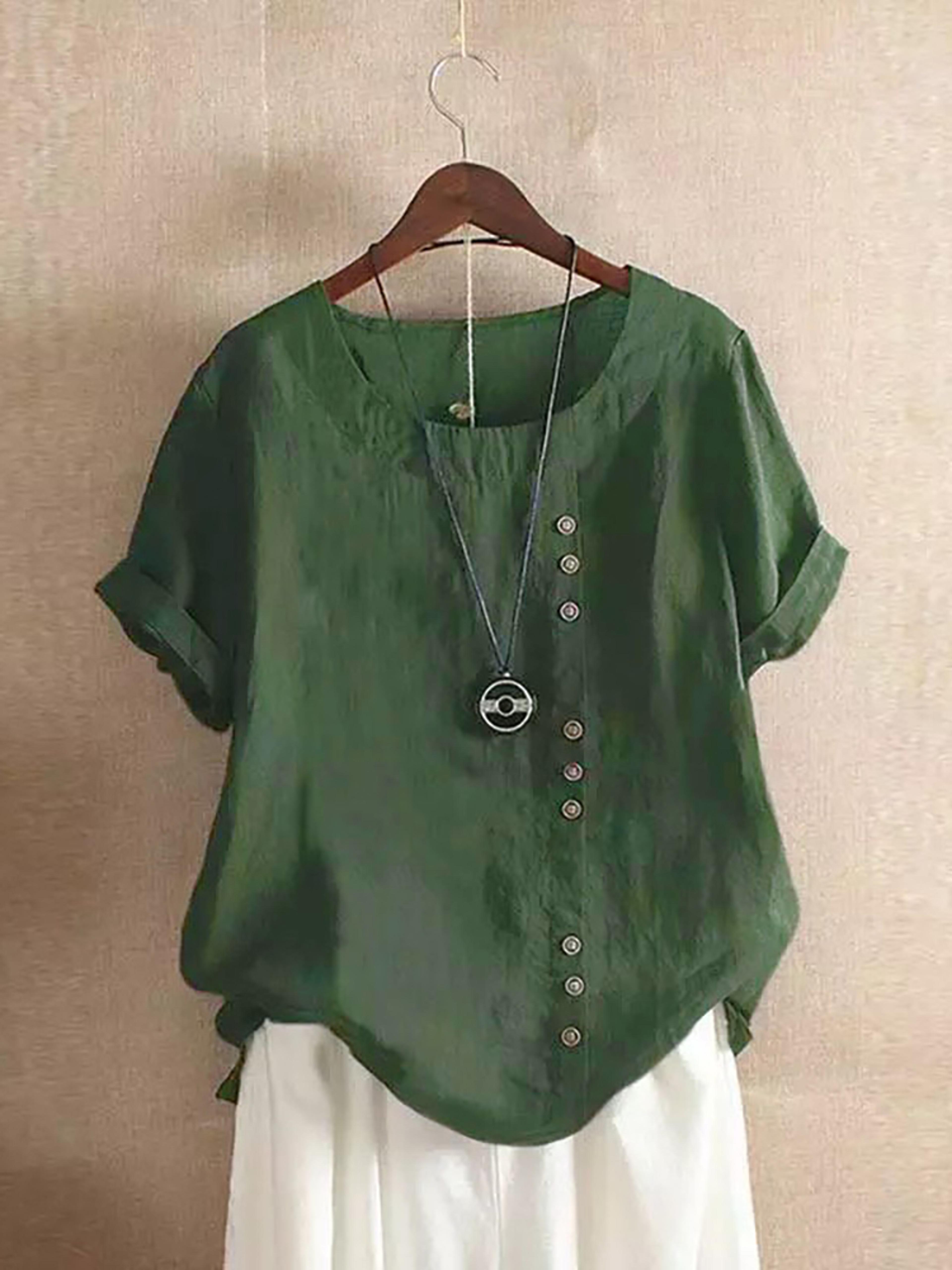 Vintage Harajuku Button T Shirt Linen Casual Short Sleeve Loose Blouse 8
