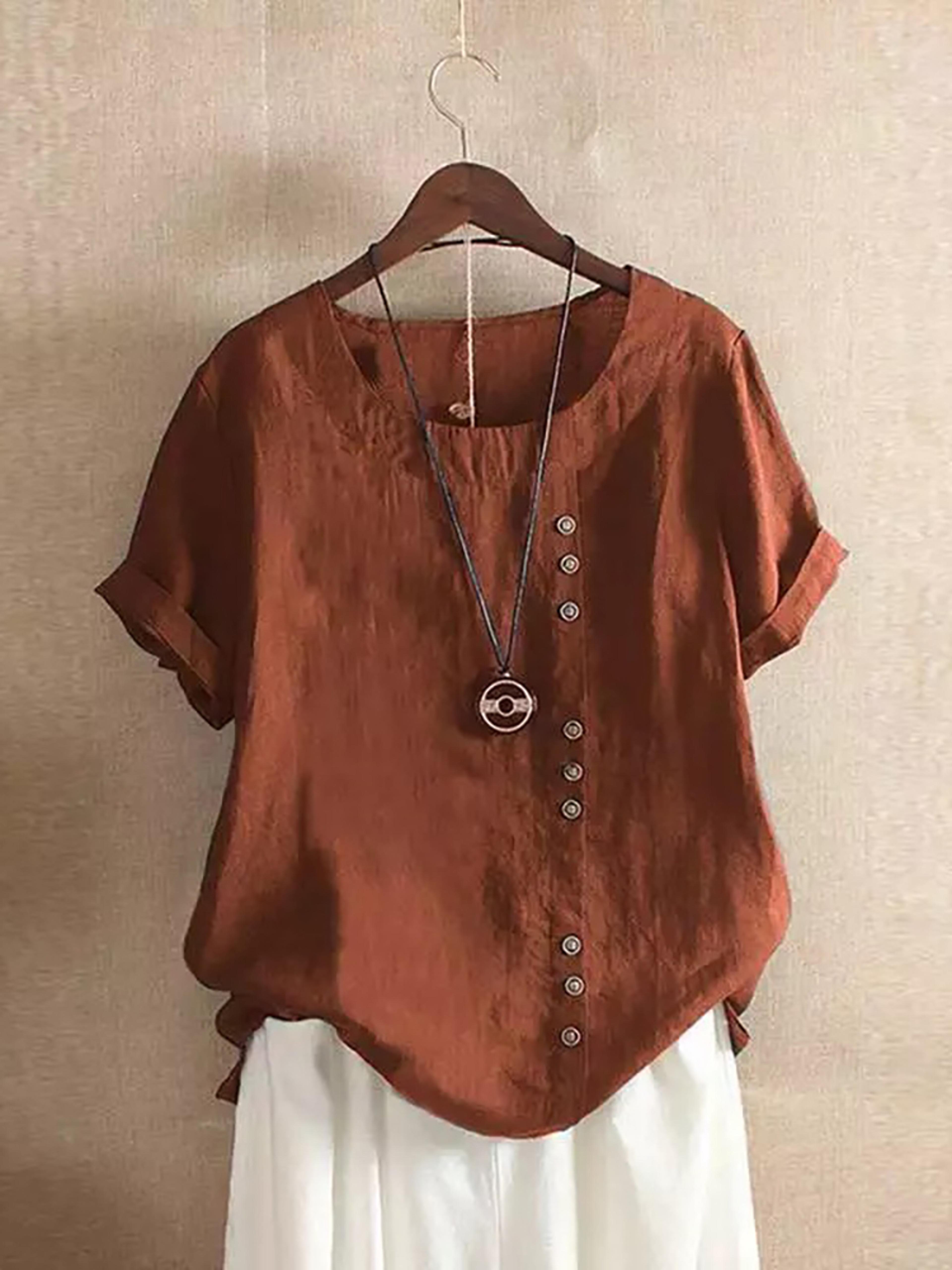 Vintage Harajuku Button T Shirt Linen Casual Short Sleeve Loose Blouse 10
