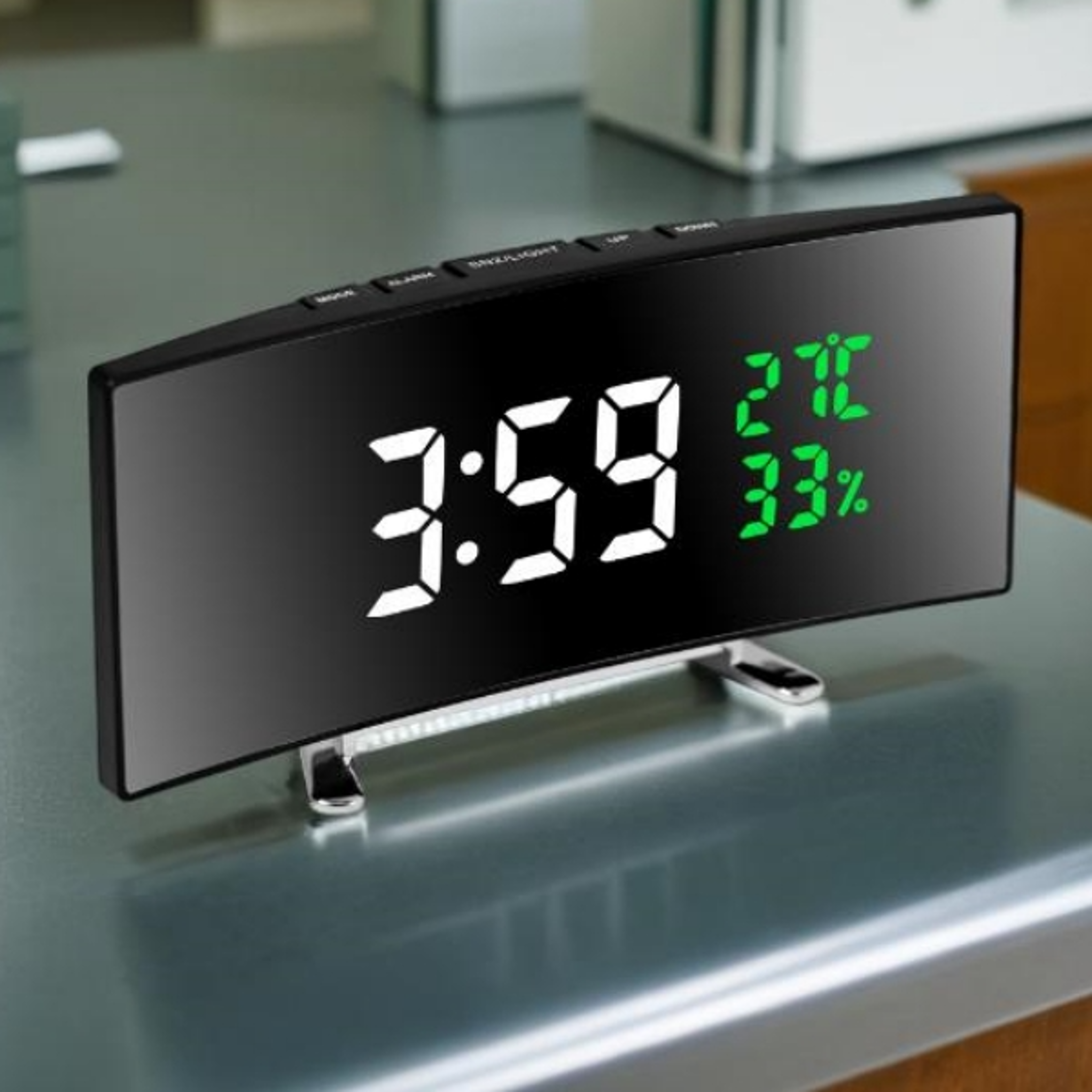 curved digital alarm clock with led display, temperature, date & snooze for bedside desk