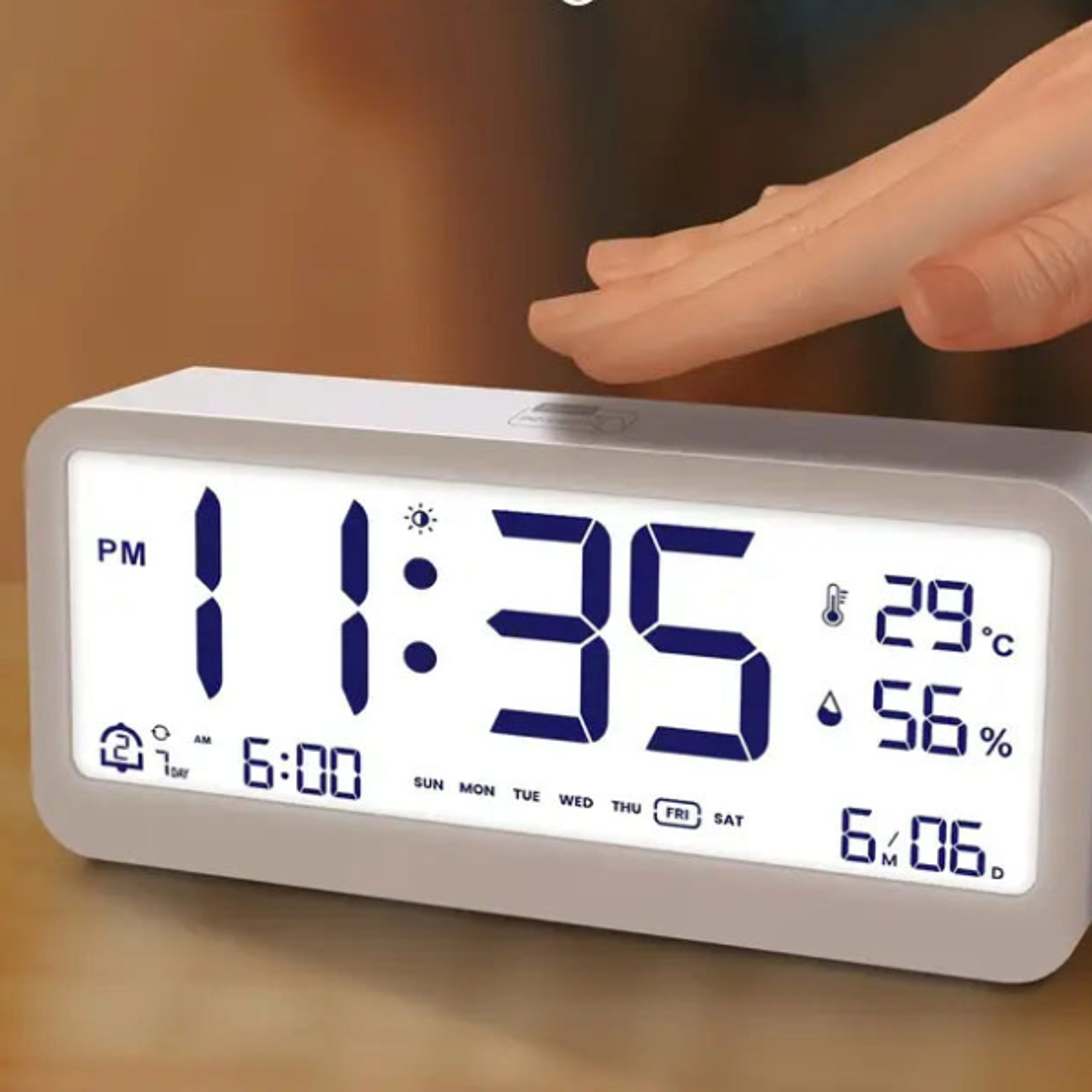 smart digital alarm clock with lcd display, temperature & humidity monitor, calendar & snooze