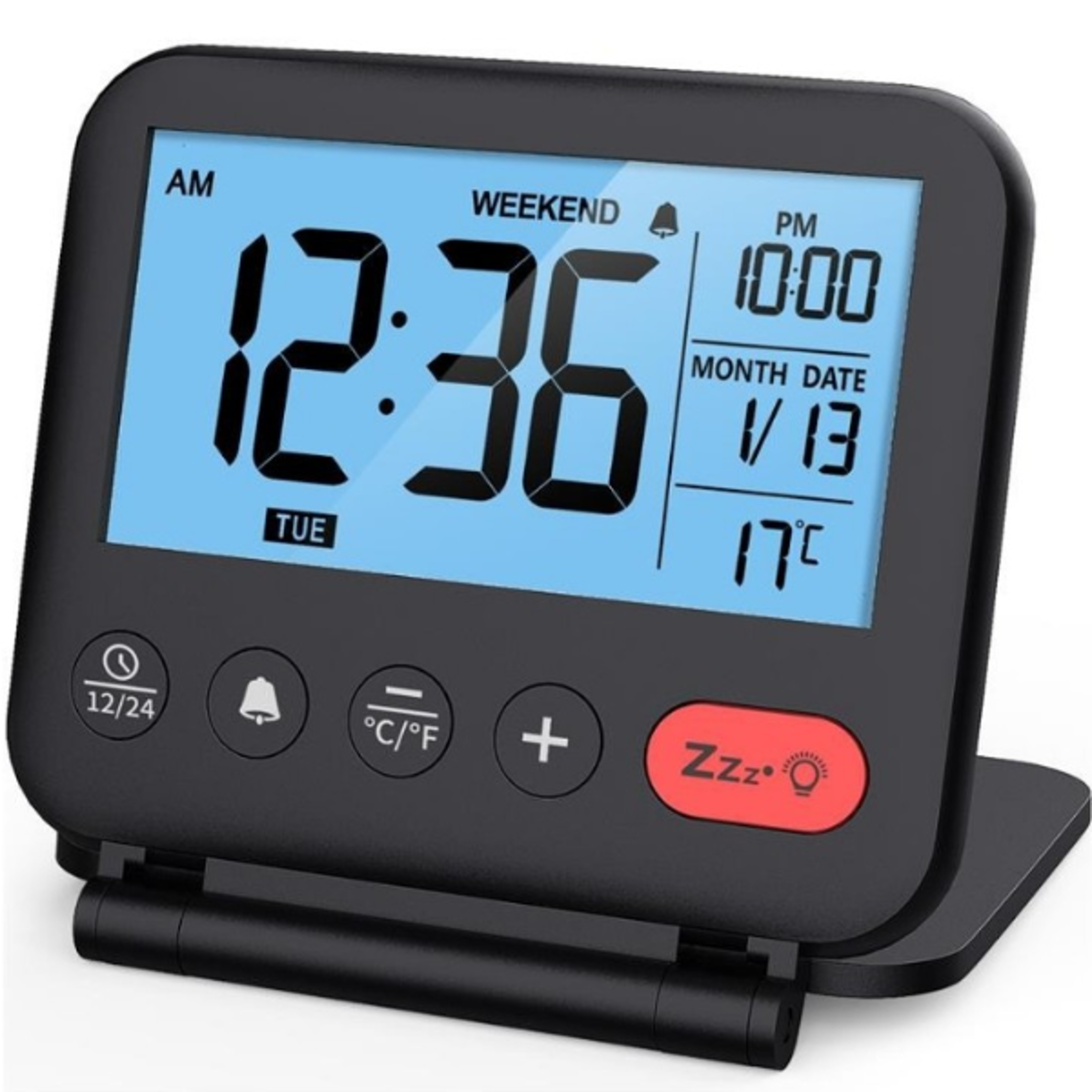 digital travel alarm clock with lcd display, temperature, snooze & backlight for home and travel