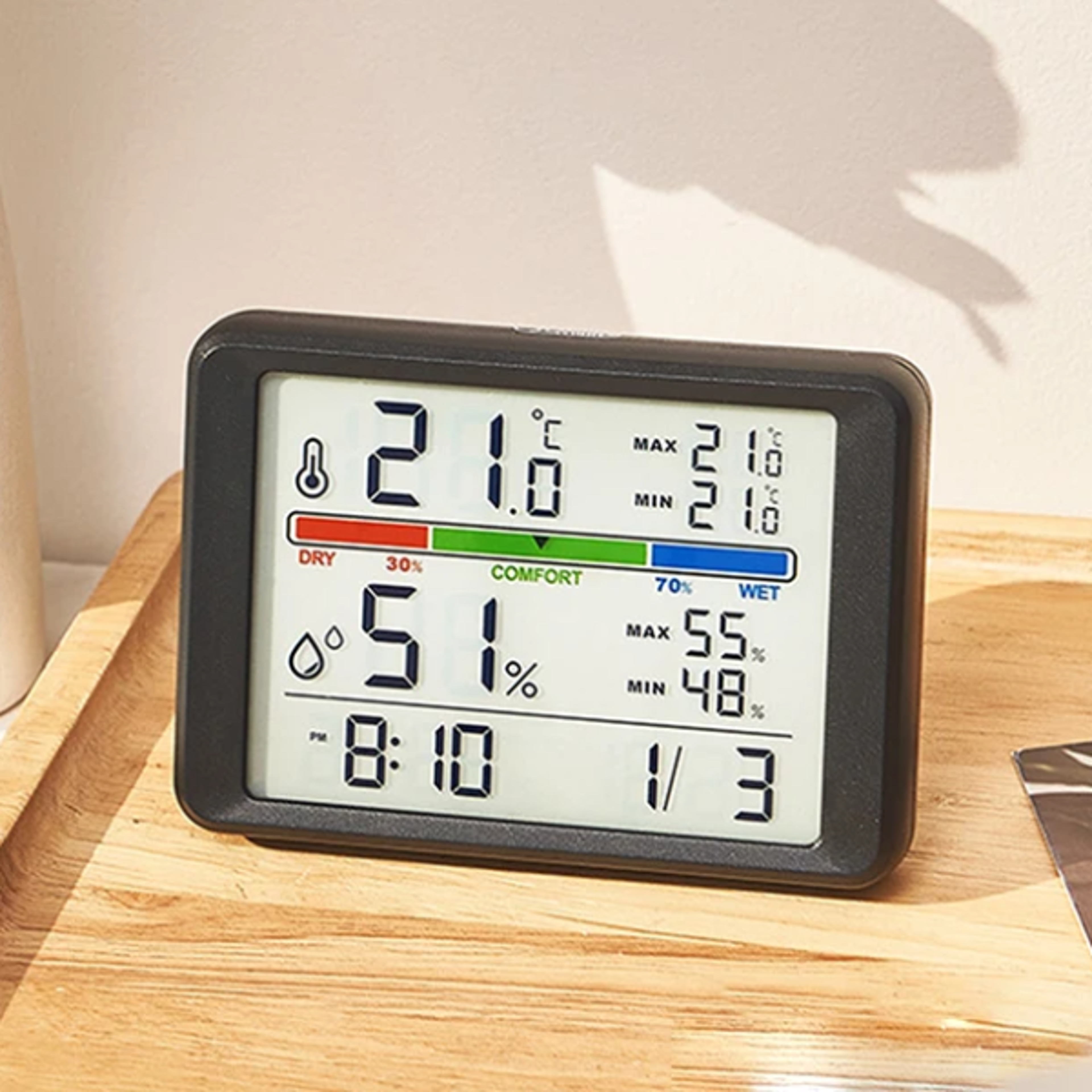 ultra slim digital alarm clock with magnetic mount, lcd bedside display & temperature humidity monitor