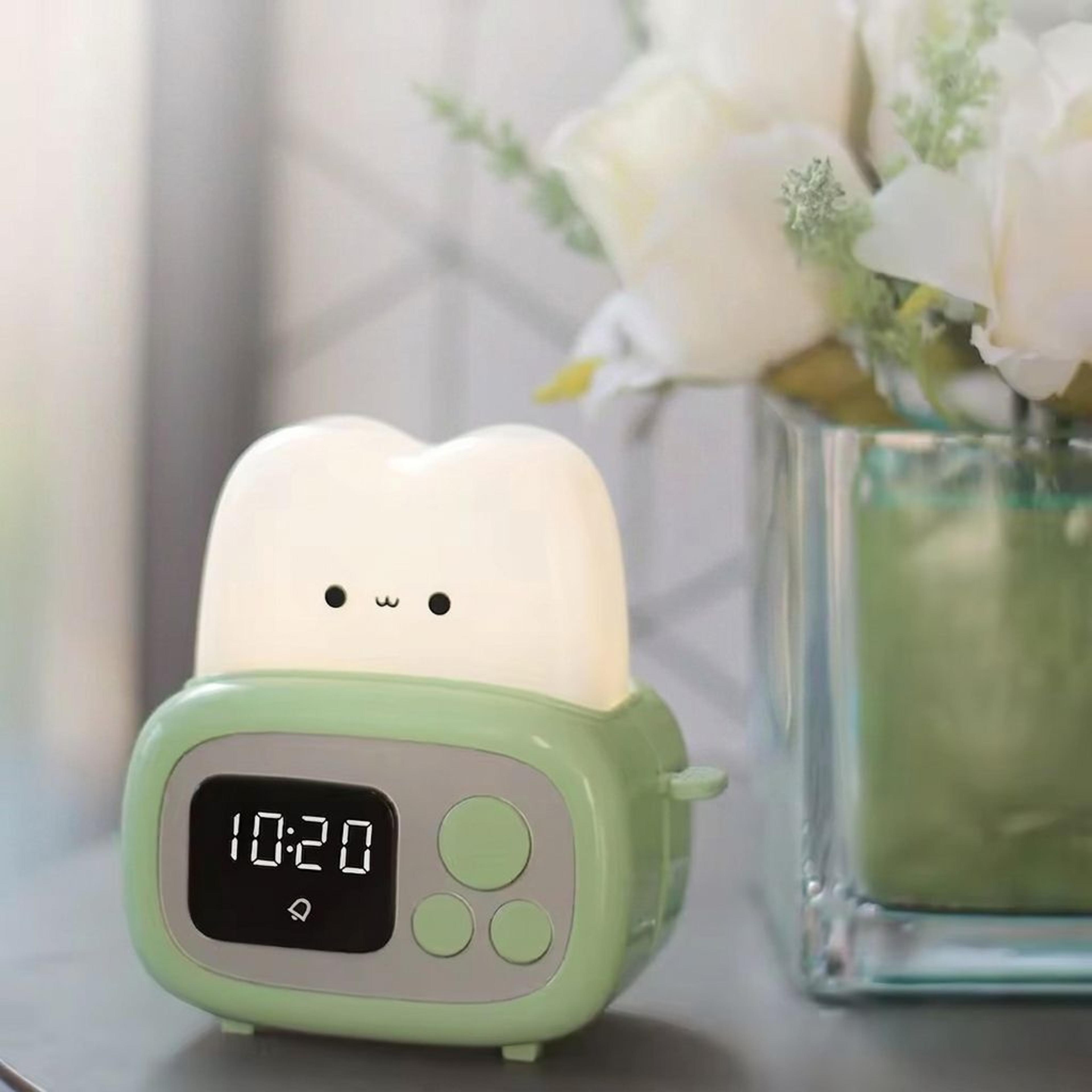 toast glow toaster alarm clock with led night light & timer for kids and bedrooms