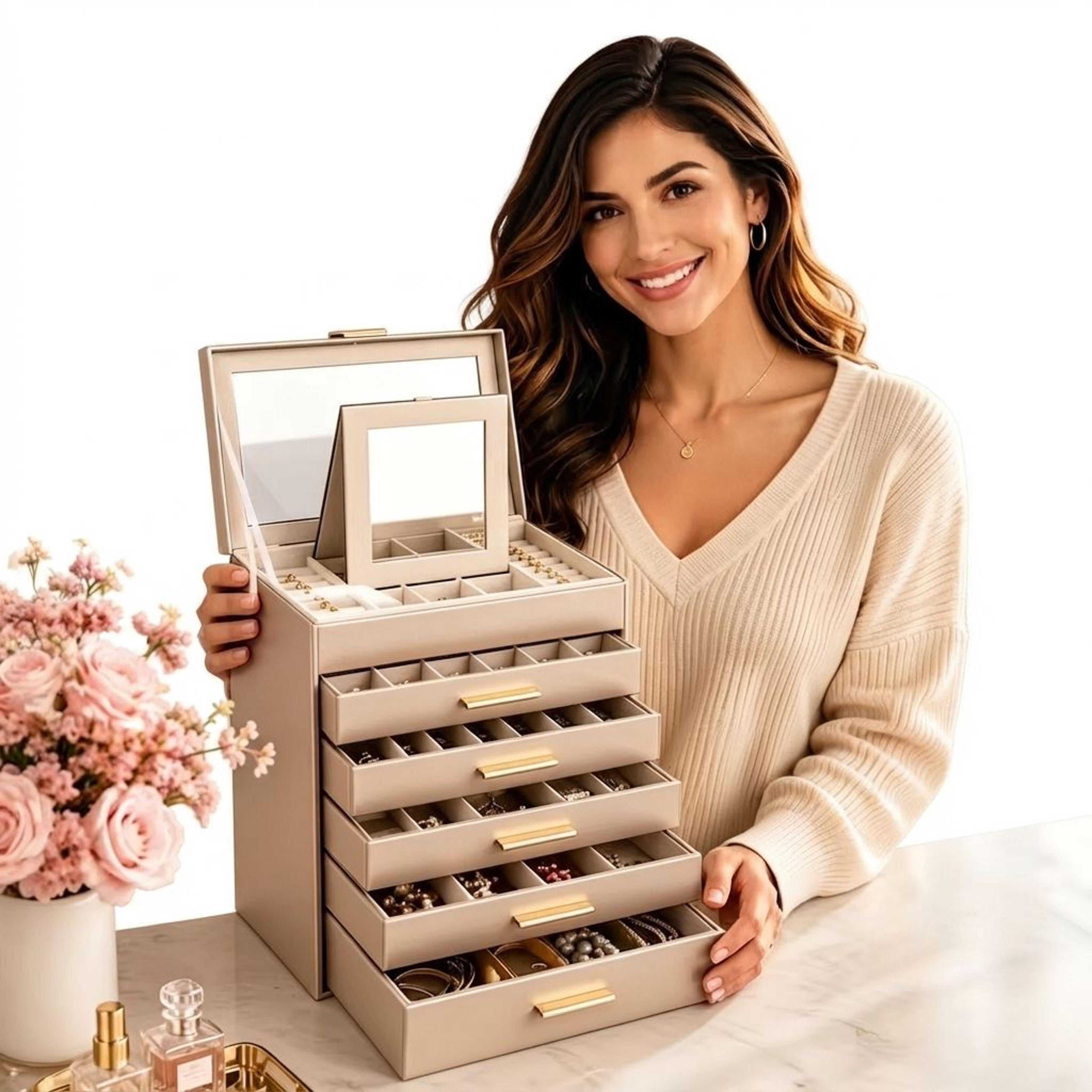 large jewelry box for women with mirror, layer jewelry organizer with necklace hooks