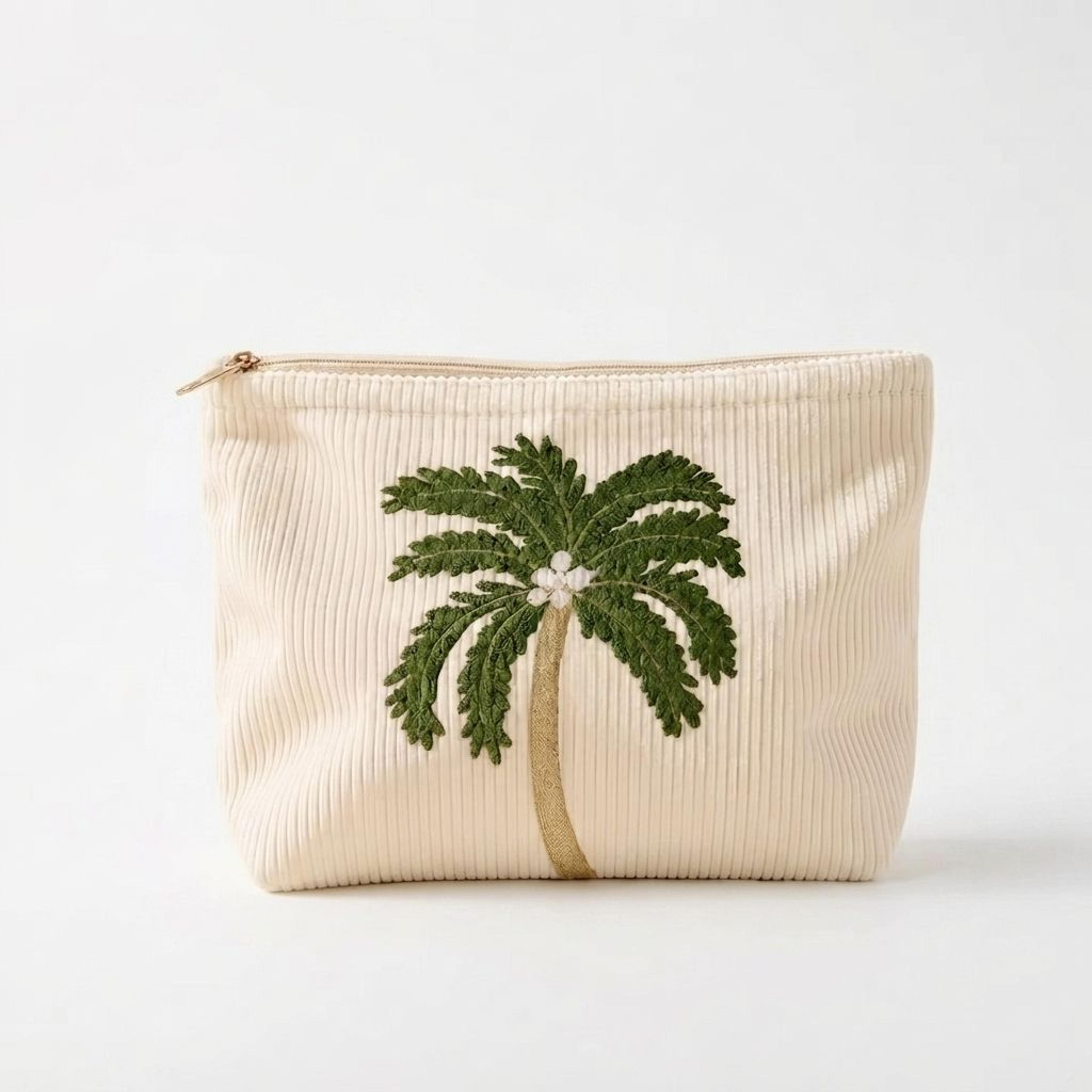 tropical palm tree embroidered travel makeup bag soft corduroy cosmetic pouch