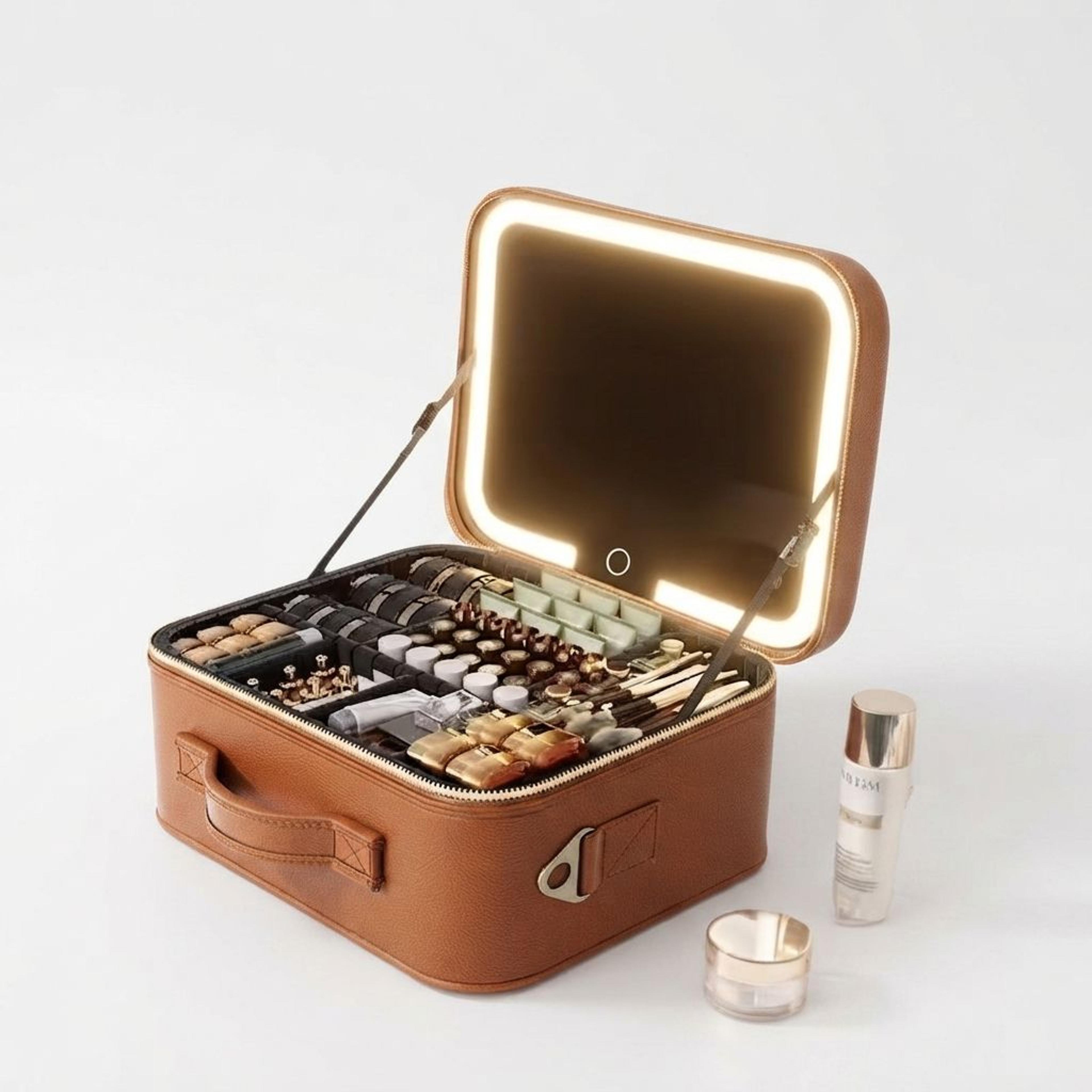 portable led makeup mirror train case large cosmetic organizer bag with brush holder