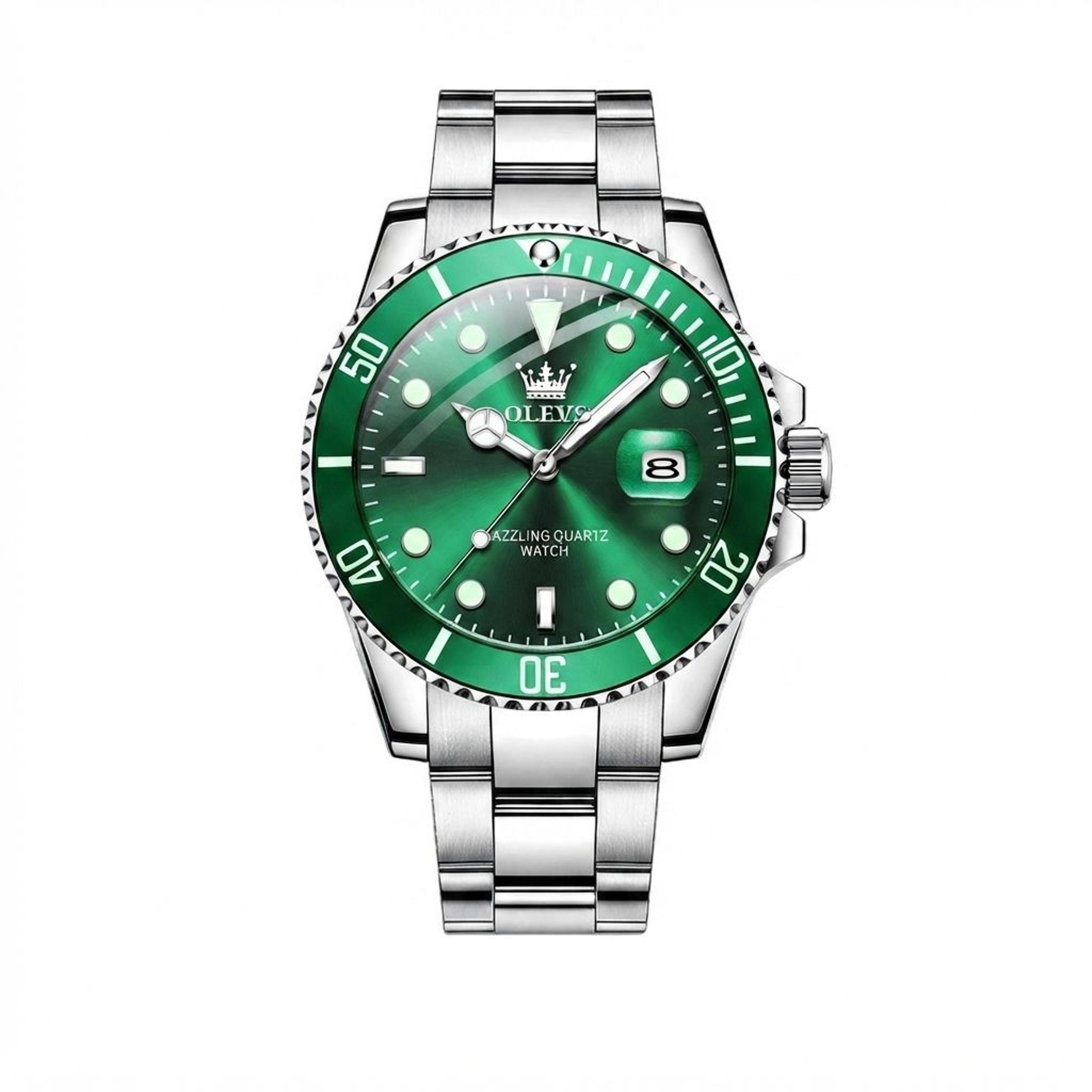 mens green dial quartz watch with stainless steel bracelet