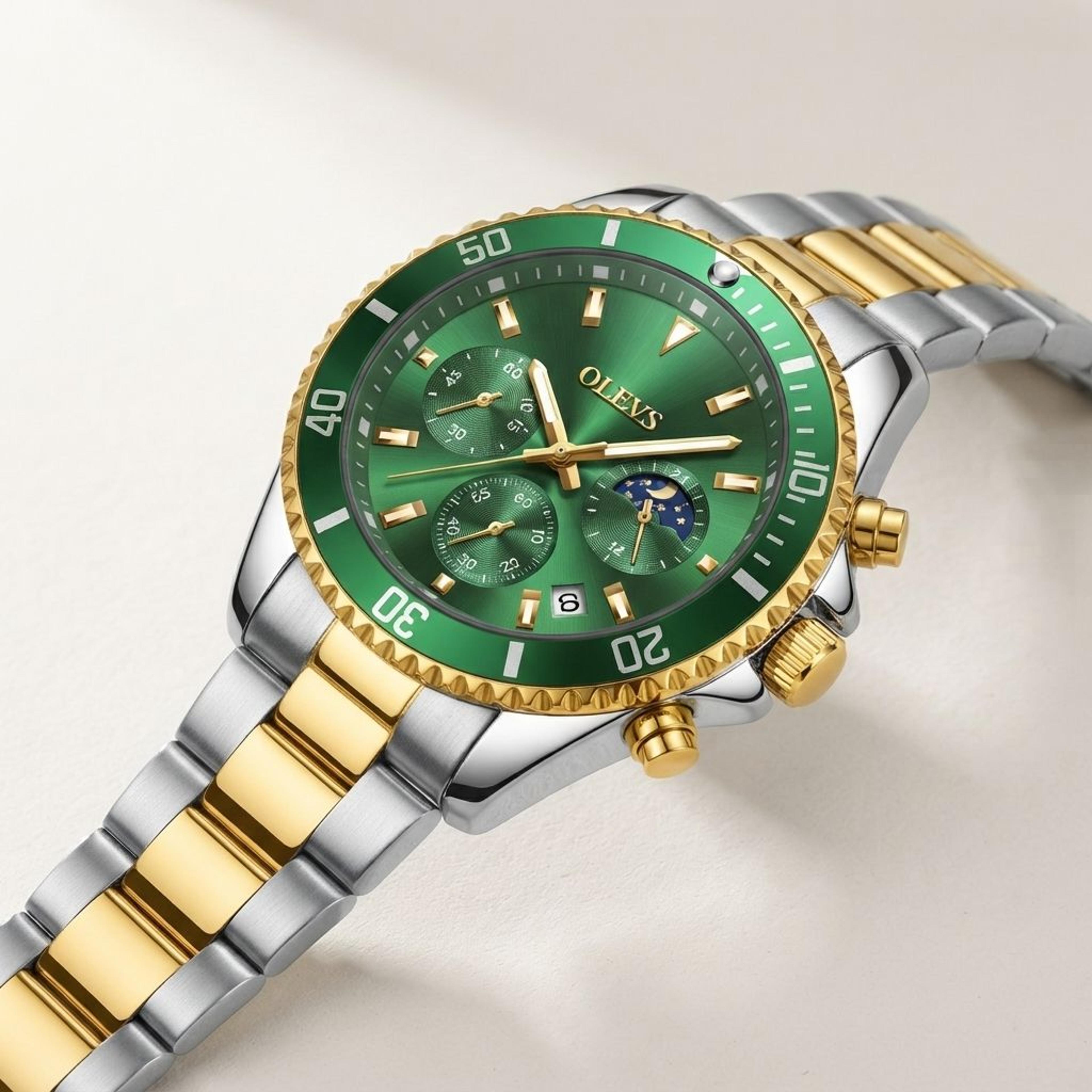 mens chronograph watch with moon phase and stainless steel bracelet