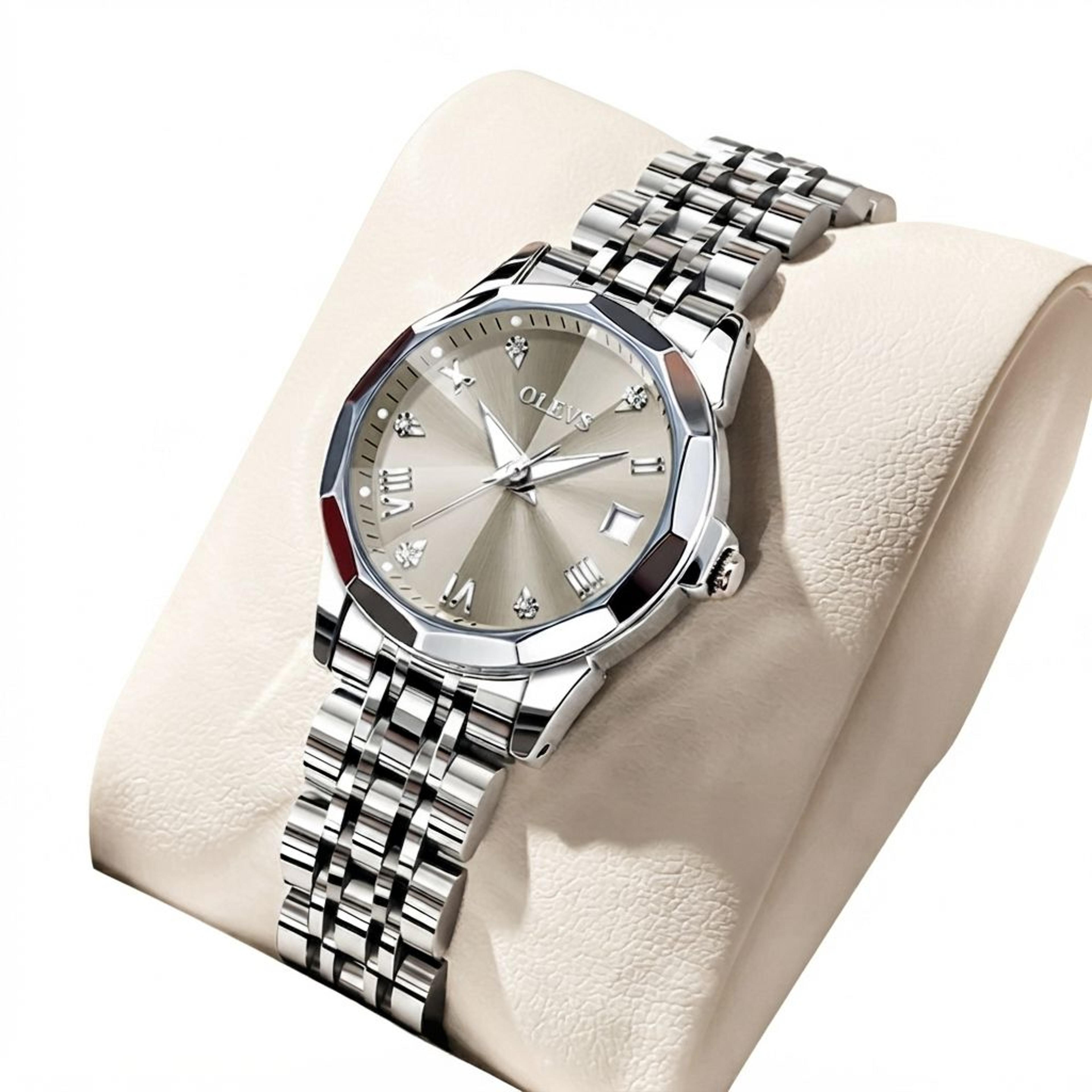 elegant womens quartz watch with stainless steel bracelet and calendars