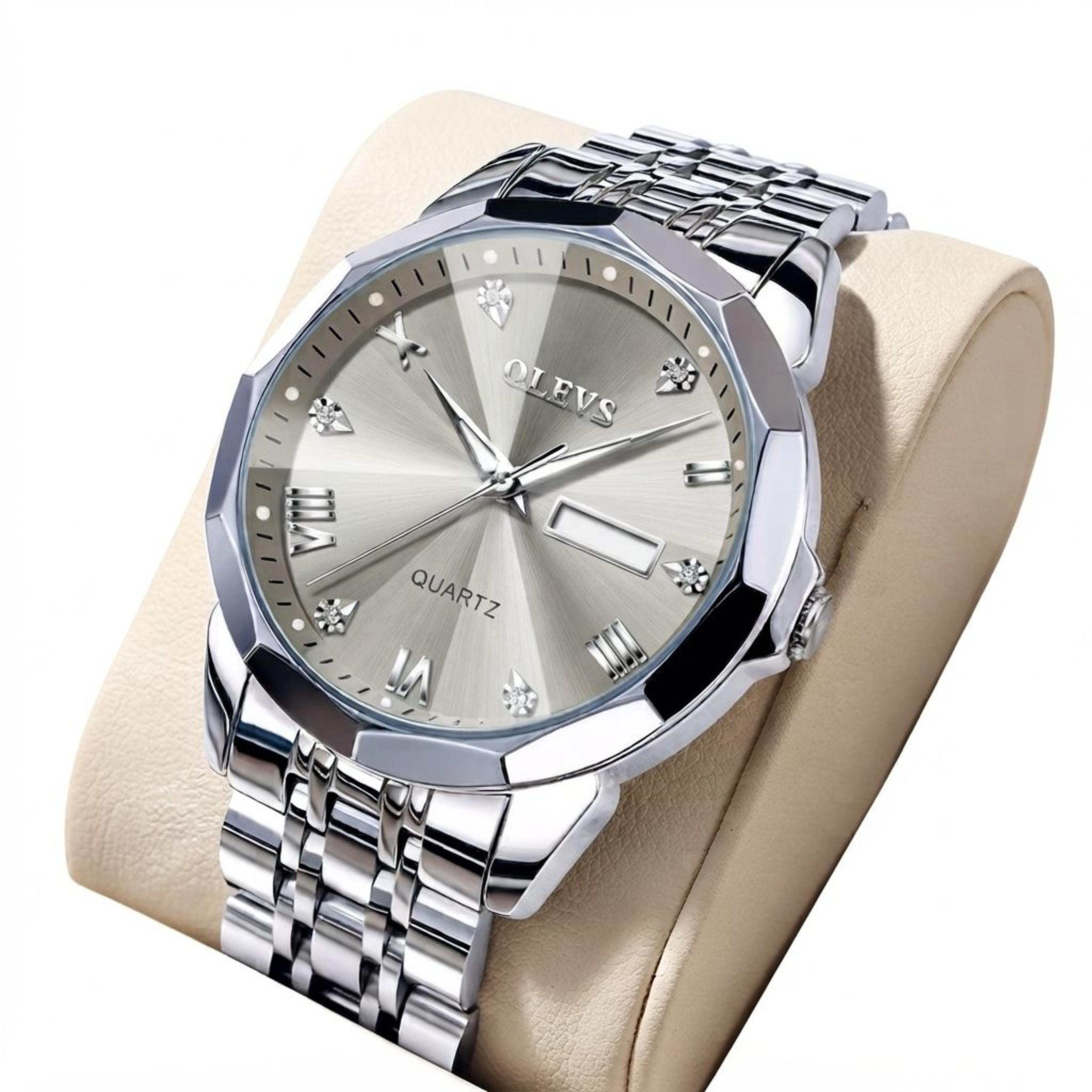 men's quartz watch stainless steel luminous day date dress watch