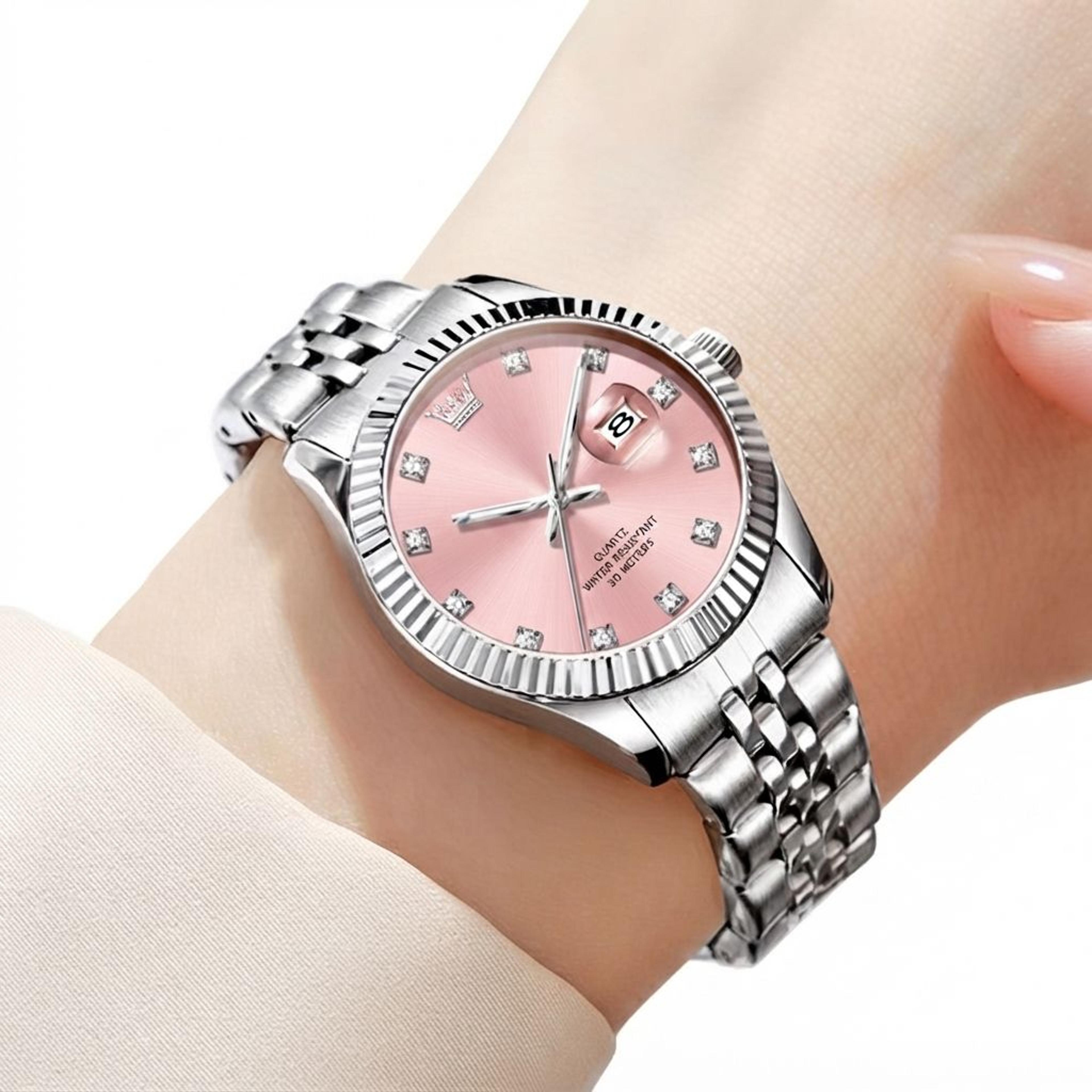elegant womens quartz watch with pink dial and stainless steel bracelet