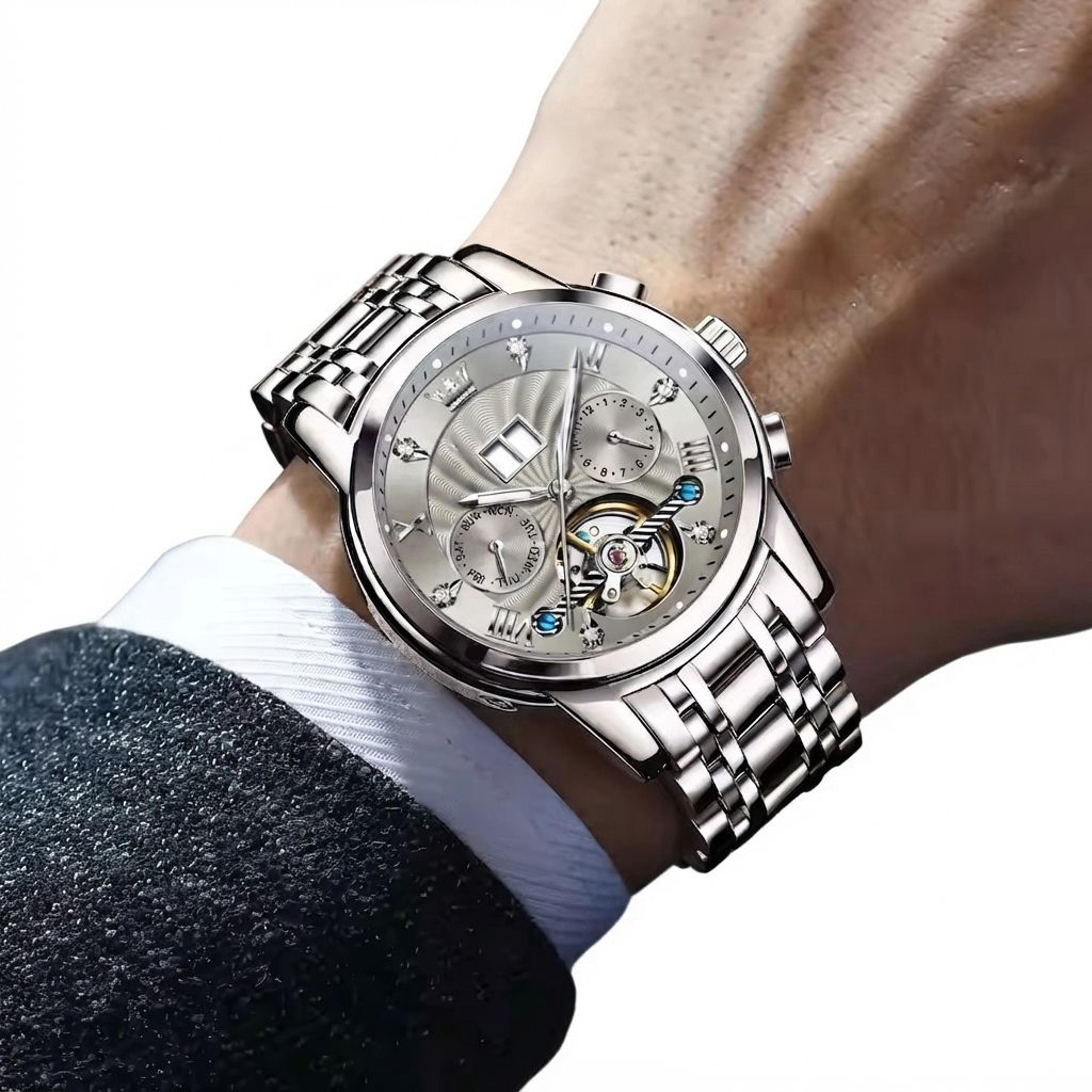 automatic mechanical watch for men with skeleton dial and luminous display