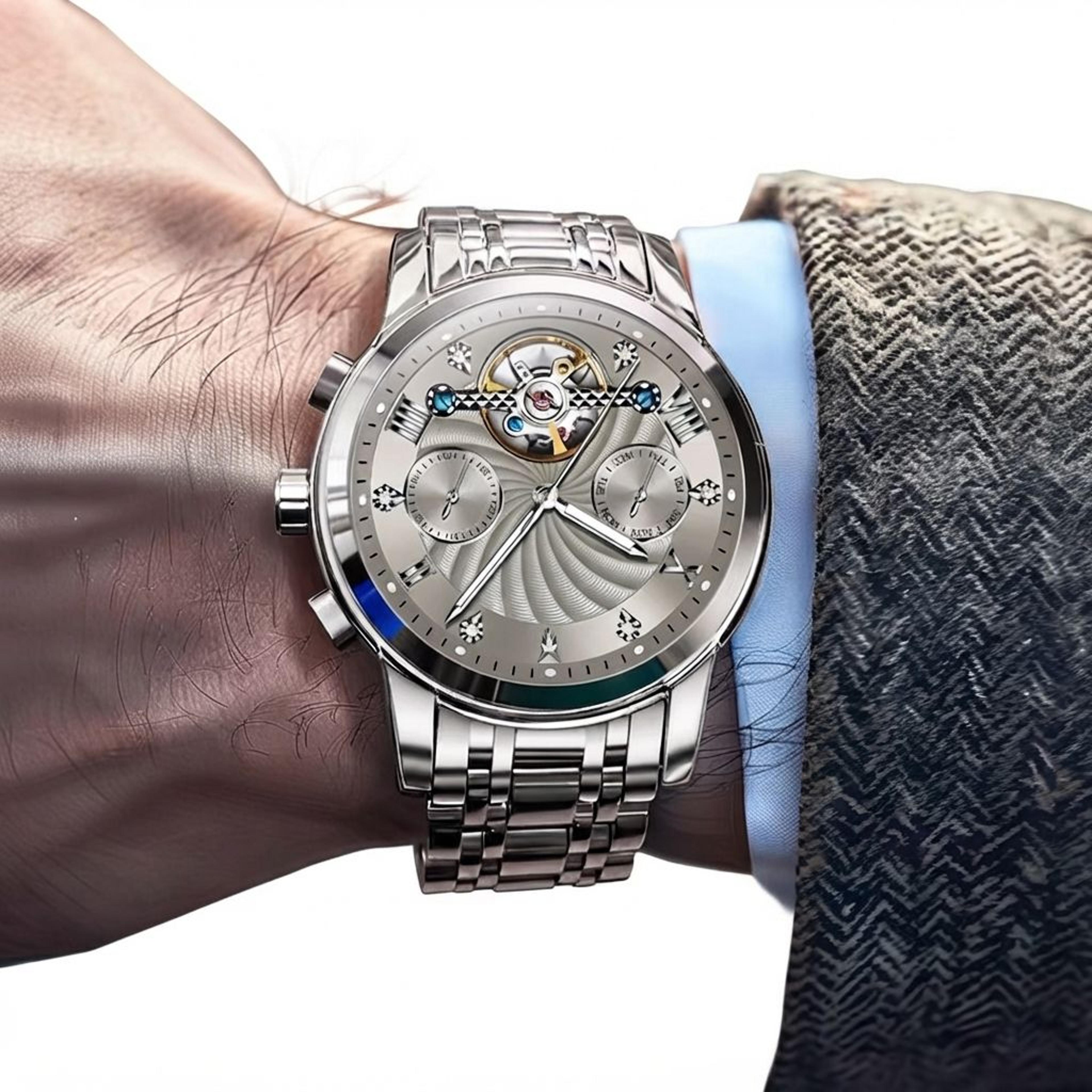 automatic mechanical watch with skeleton dial and complete calendar
