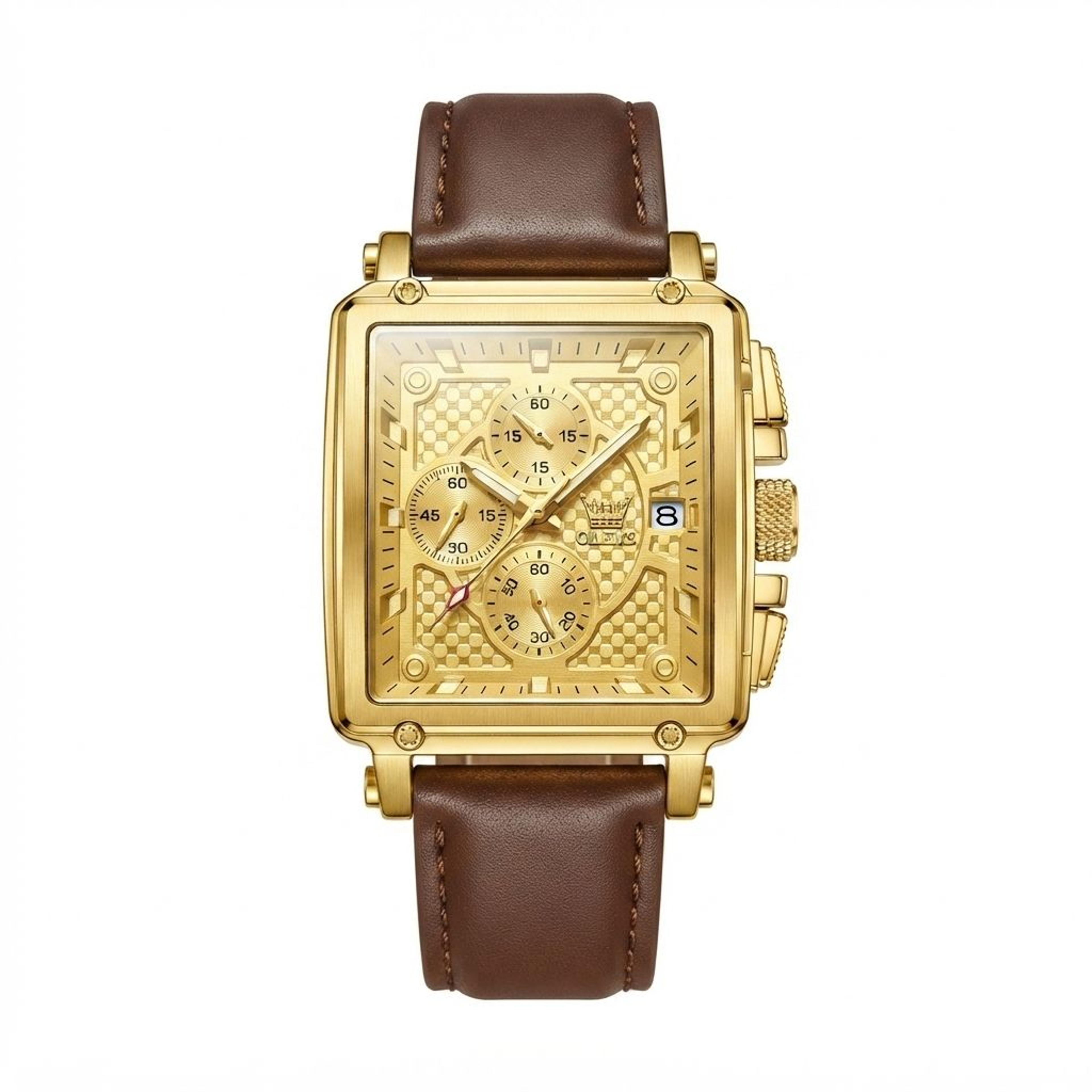 mens square chronograph watch with leather strap and gold dial