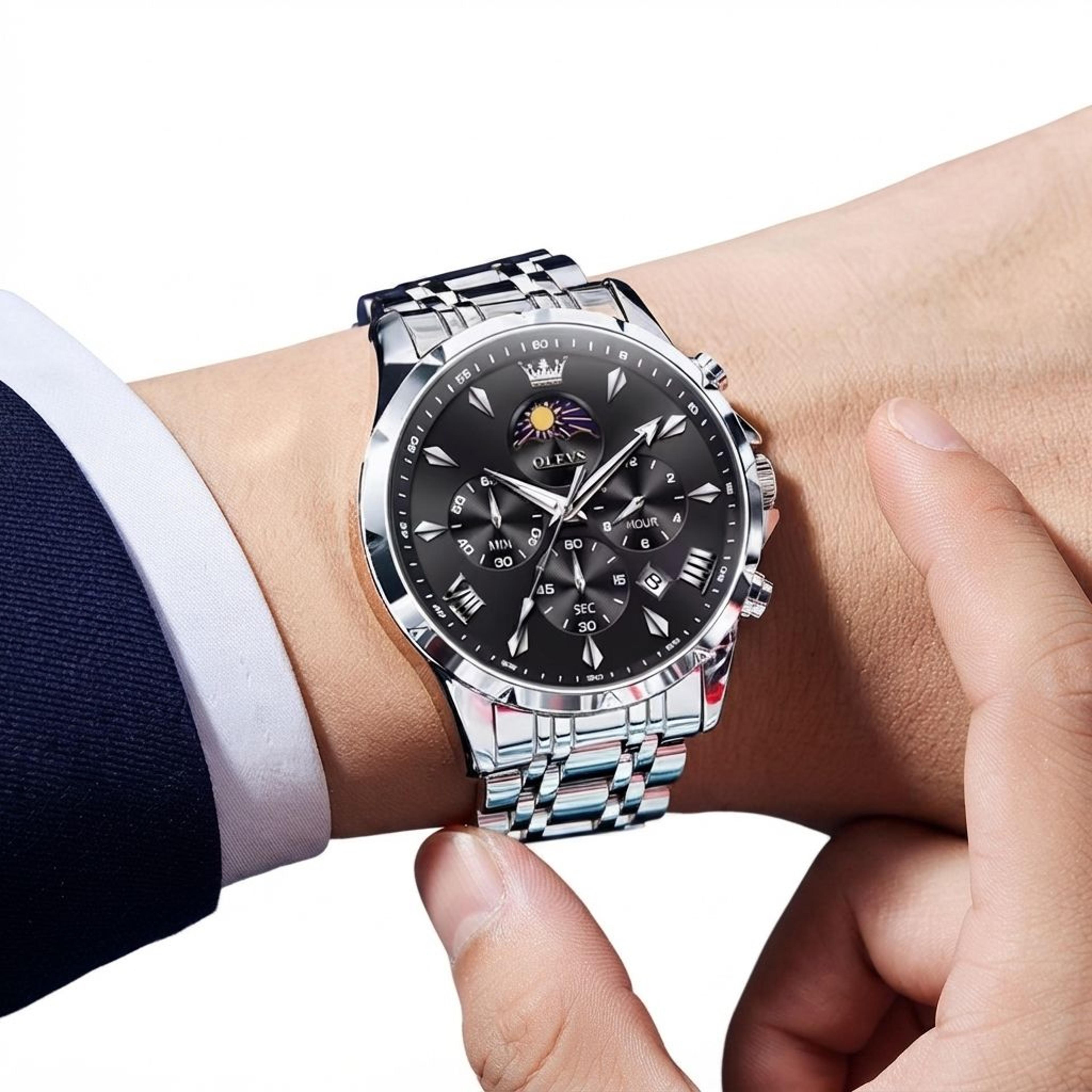 moon phase calendar men watch stainless steel waterproof quartz business chronograph wristwatch