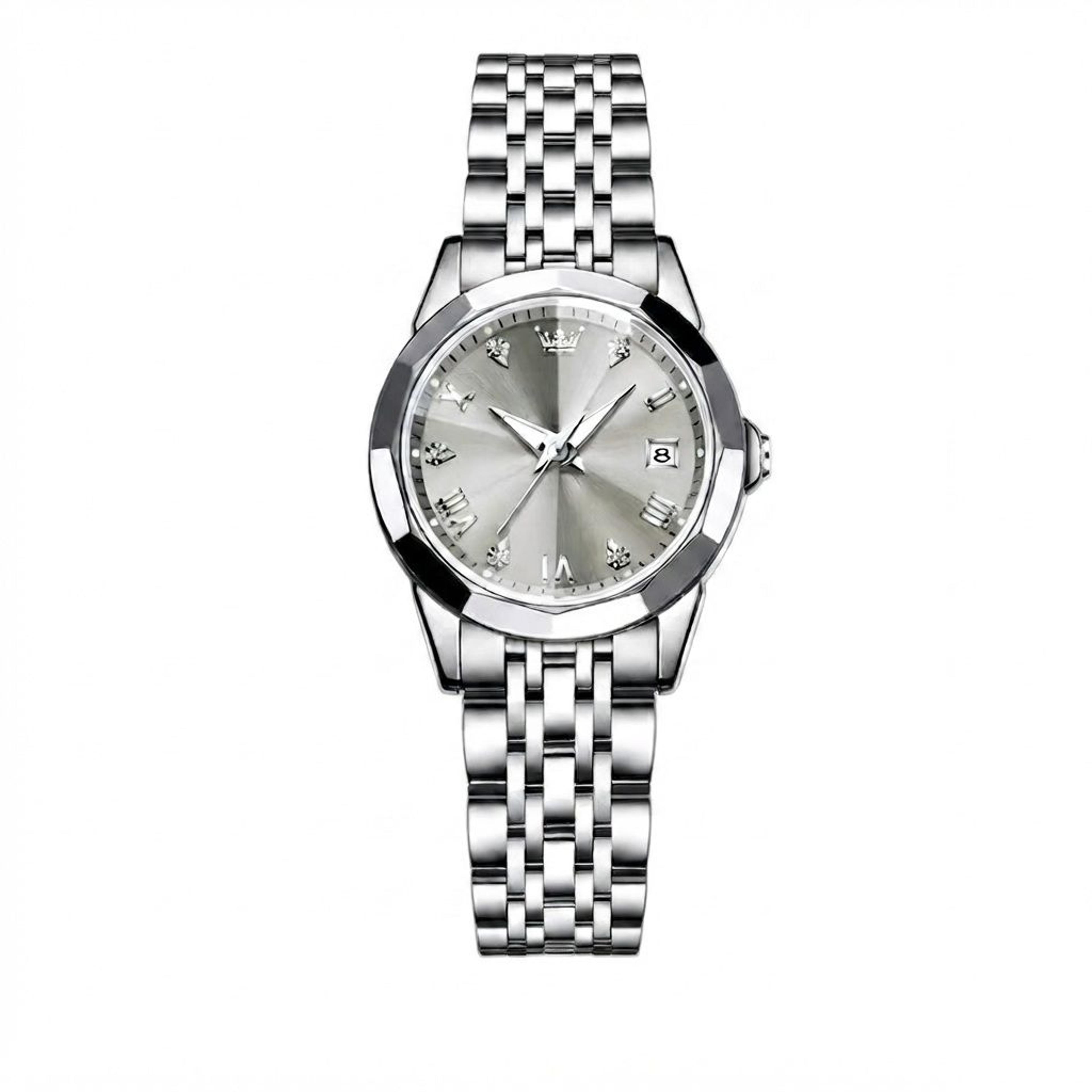 elegant luxury women's stainless steel quartz watch with date and luminous dial