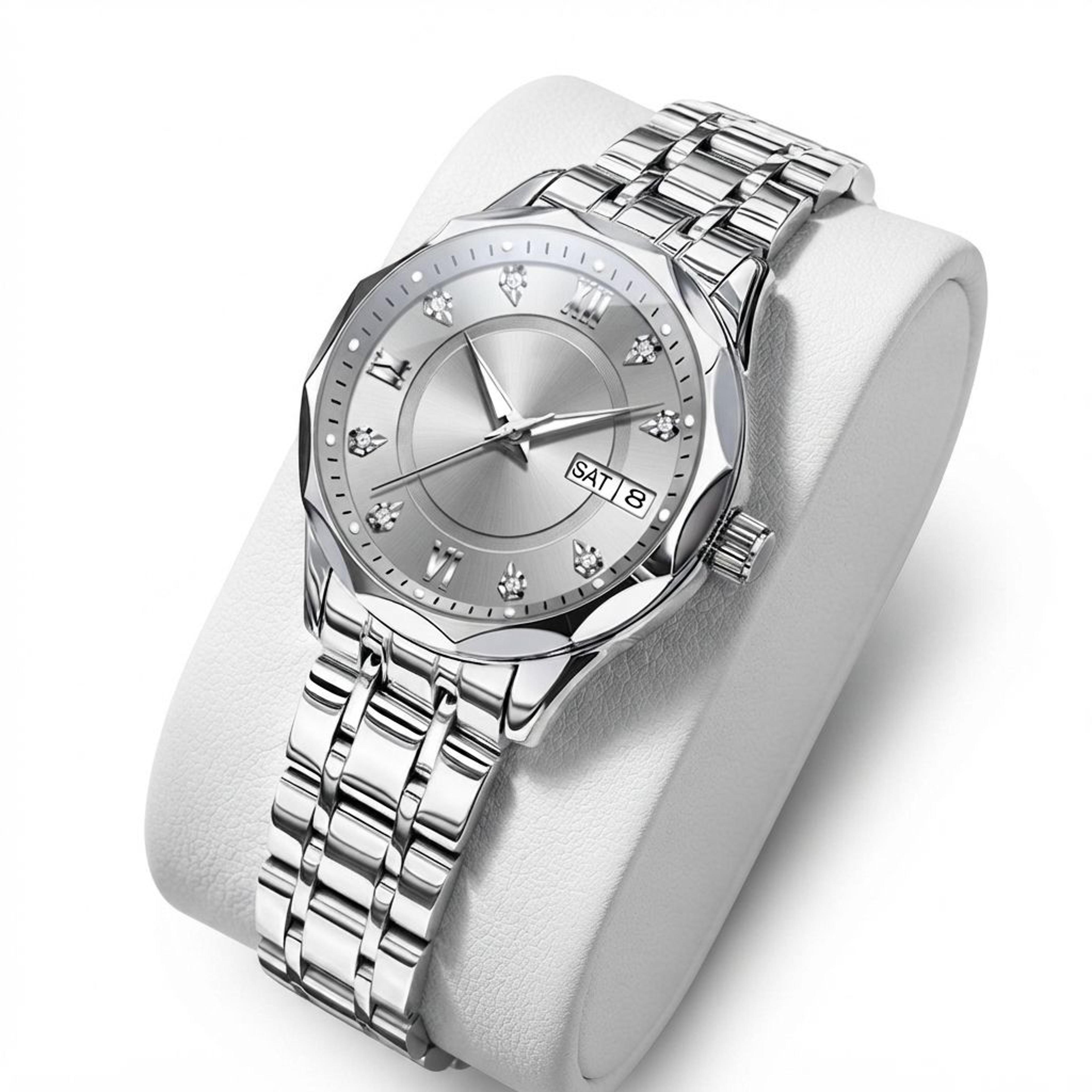 elegant automatic mechanical watch for women with grey double scale dial waterproof date