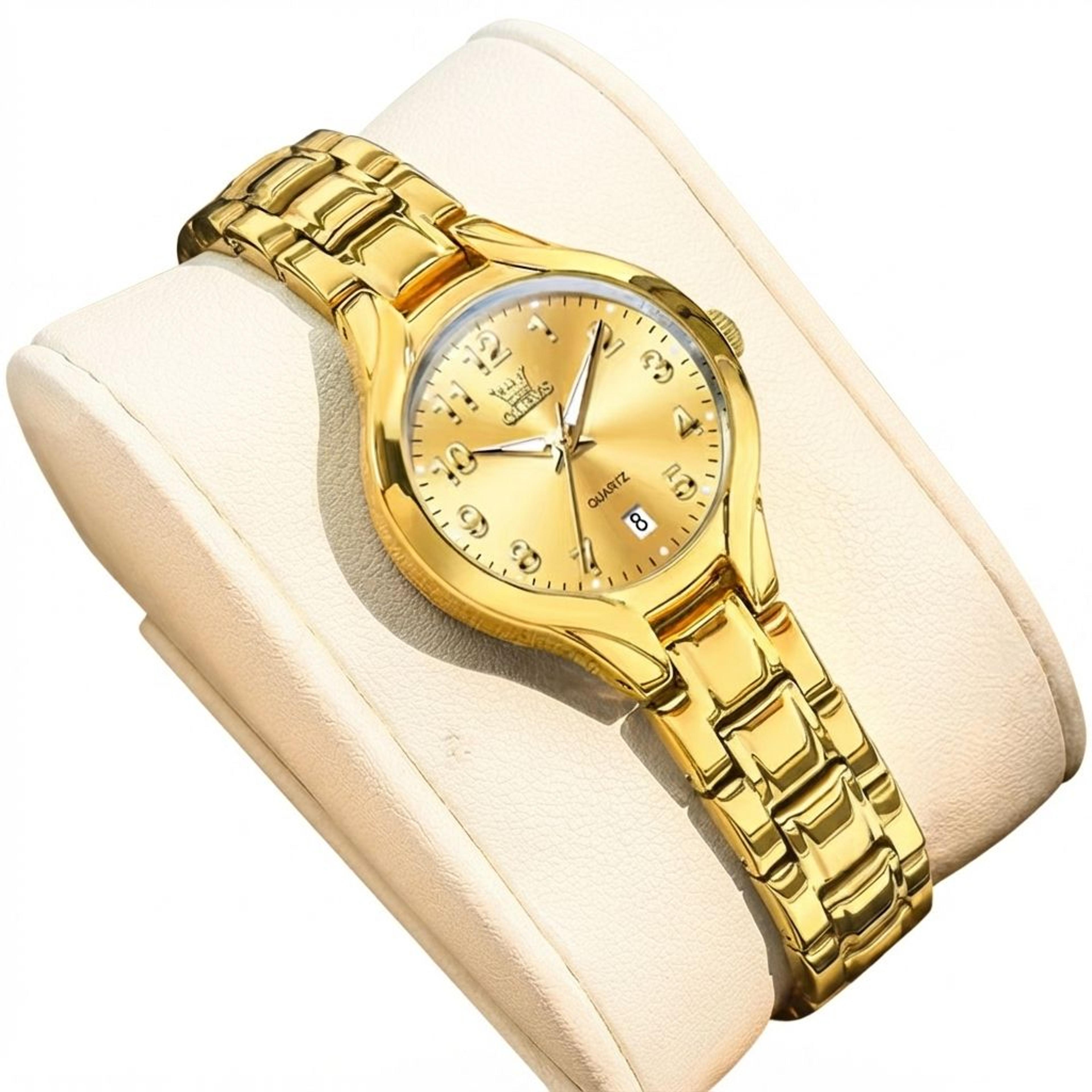 luxury gold womens quartz watch with date dial and waterproof elegant designs