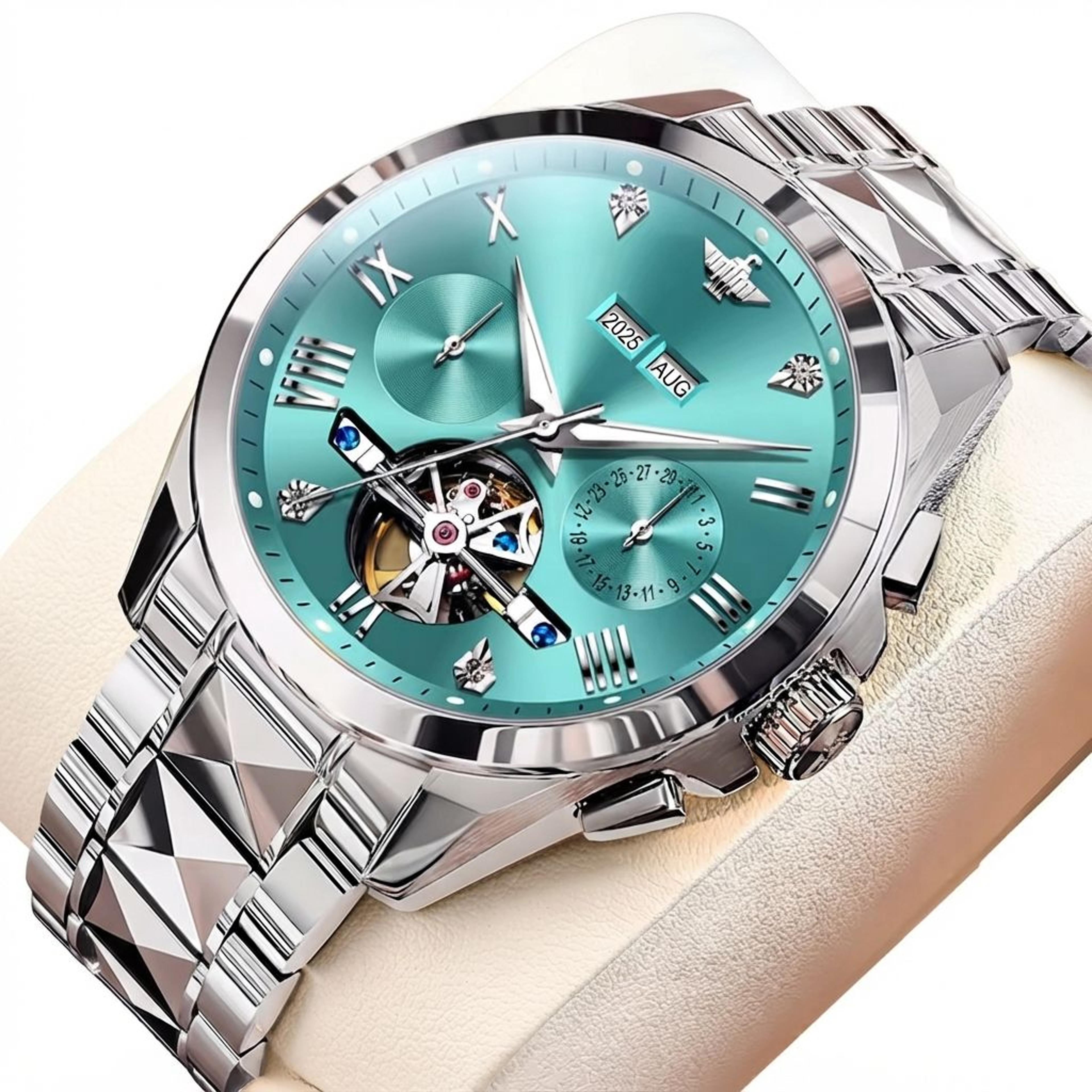 skeleton men's automatic mechanical watch with sapphire crystal and luminous tungsten steel design