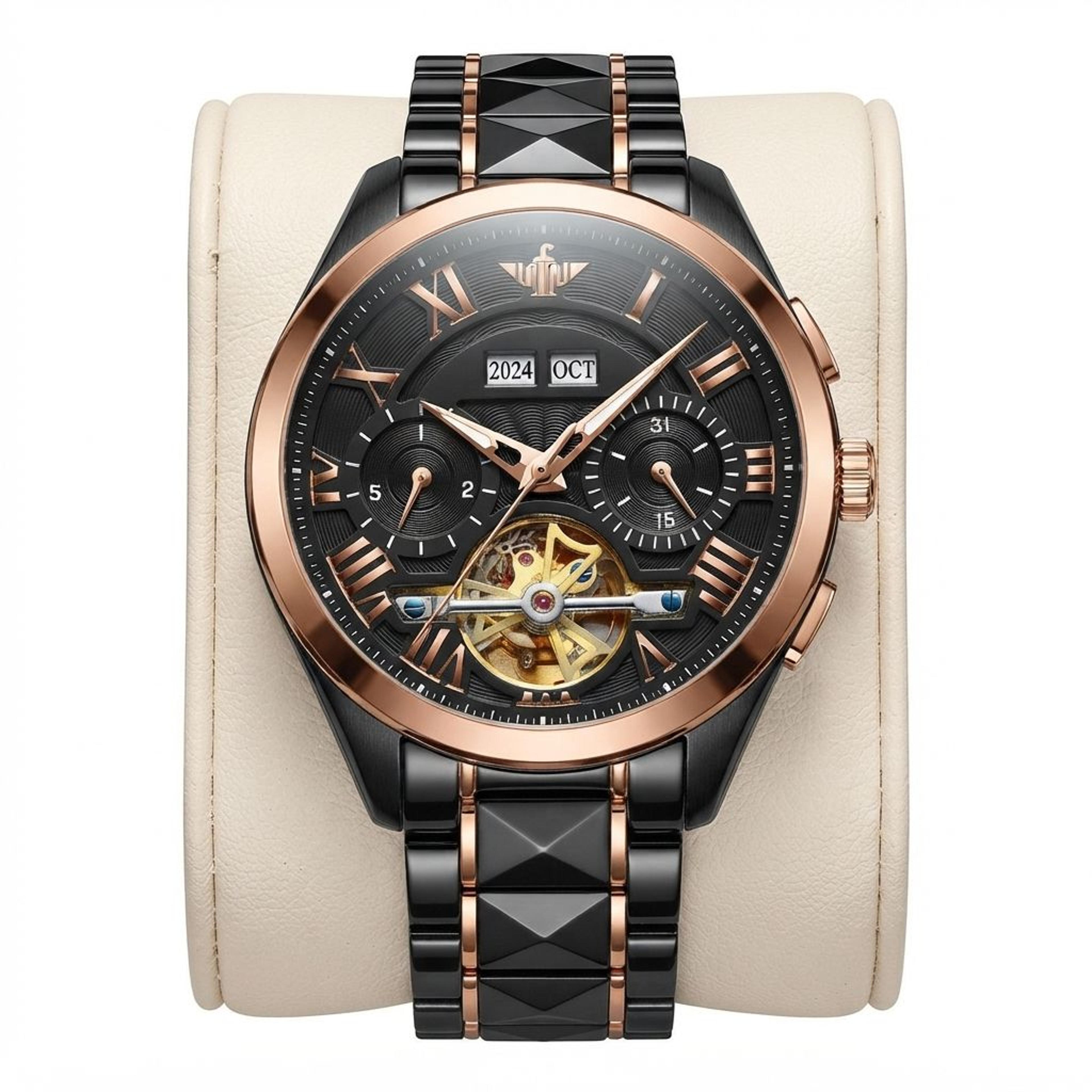 luxury black rose skeleton automatic mechanical watch for men with luminous sapphire crystal dial