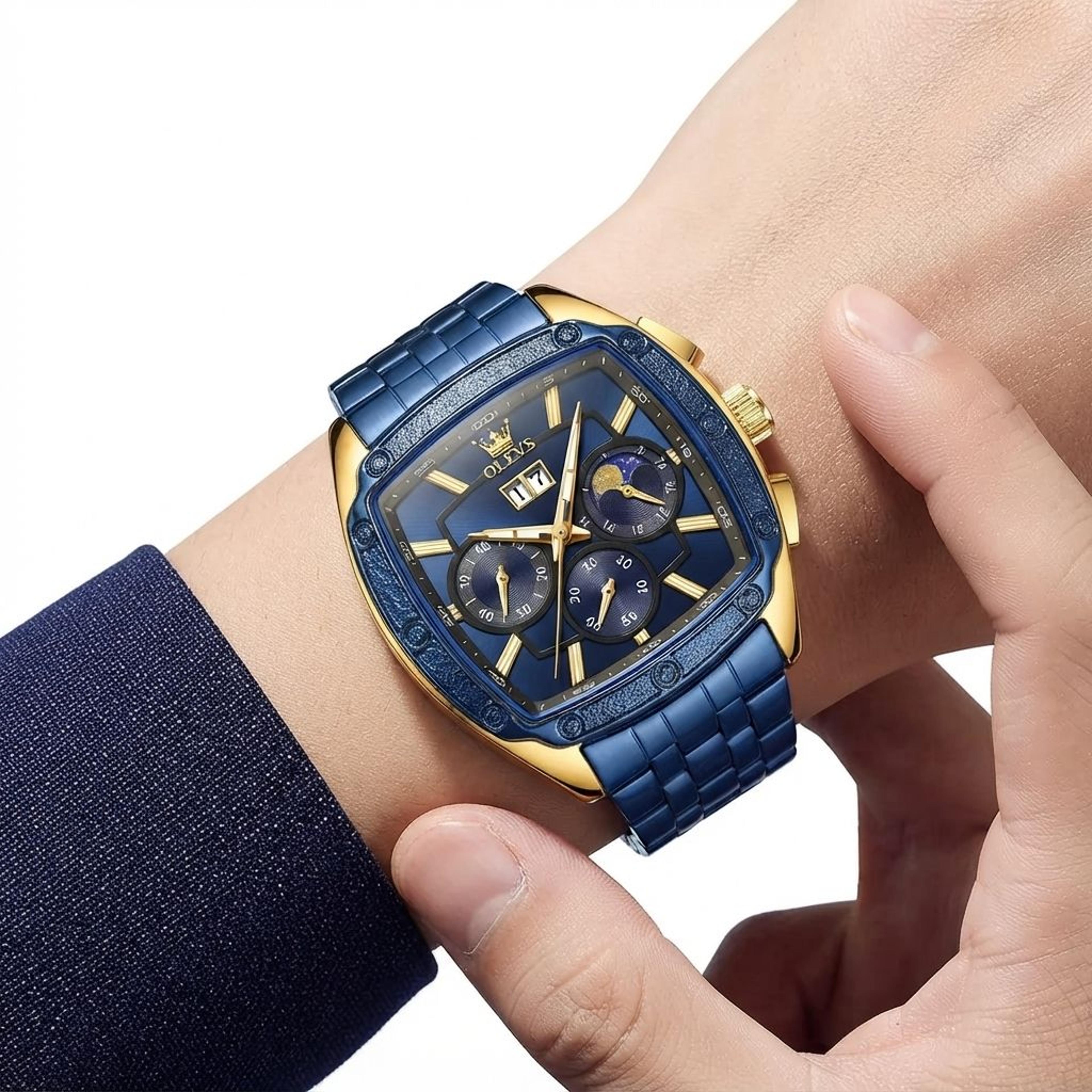 luxury tonneau mens chronograph quartz watch with moon phase and date display