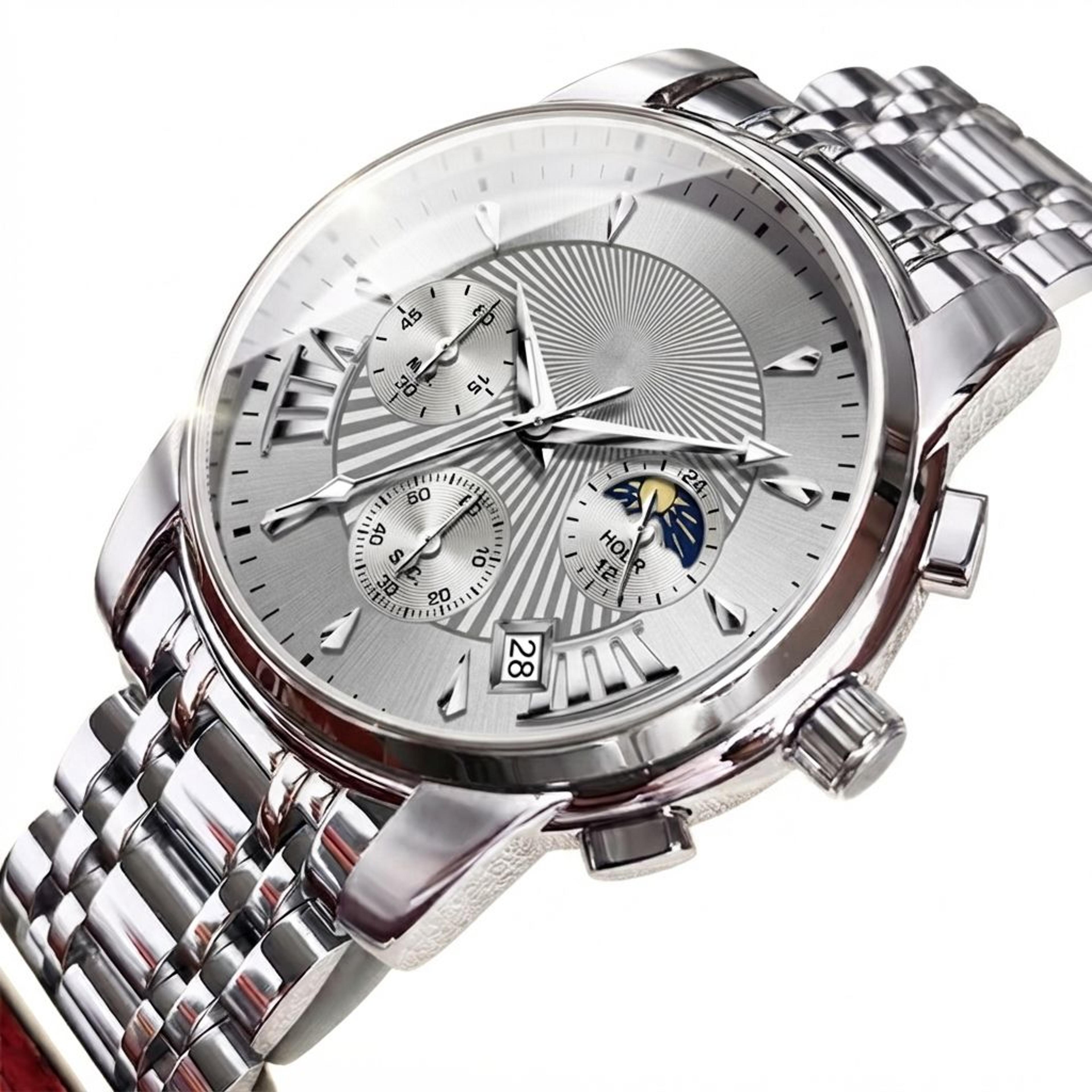 luxury moon phase quartz watch for men with chronograph and luminou dial