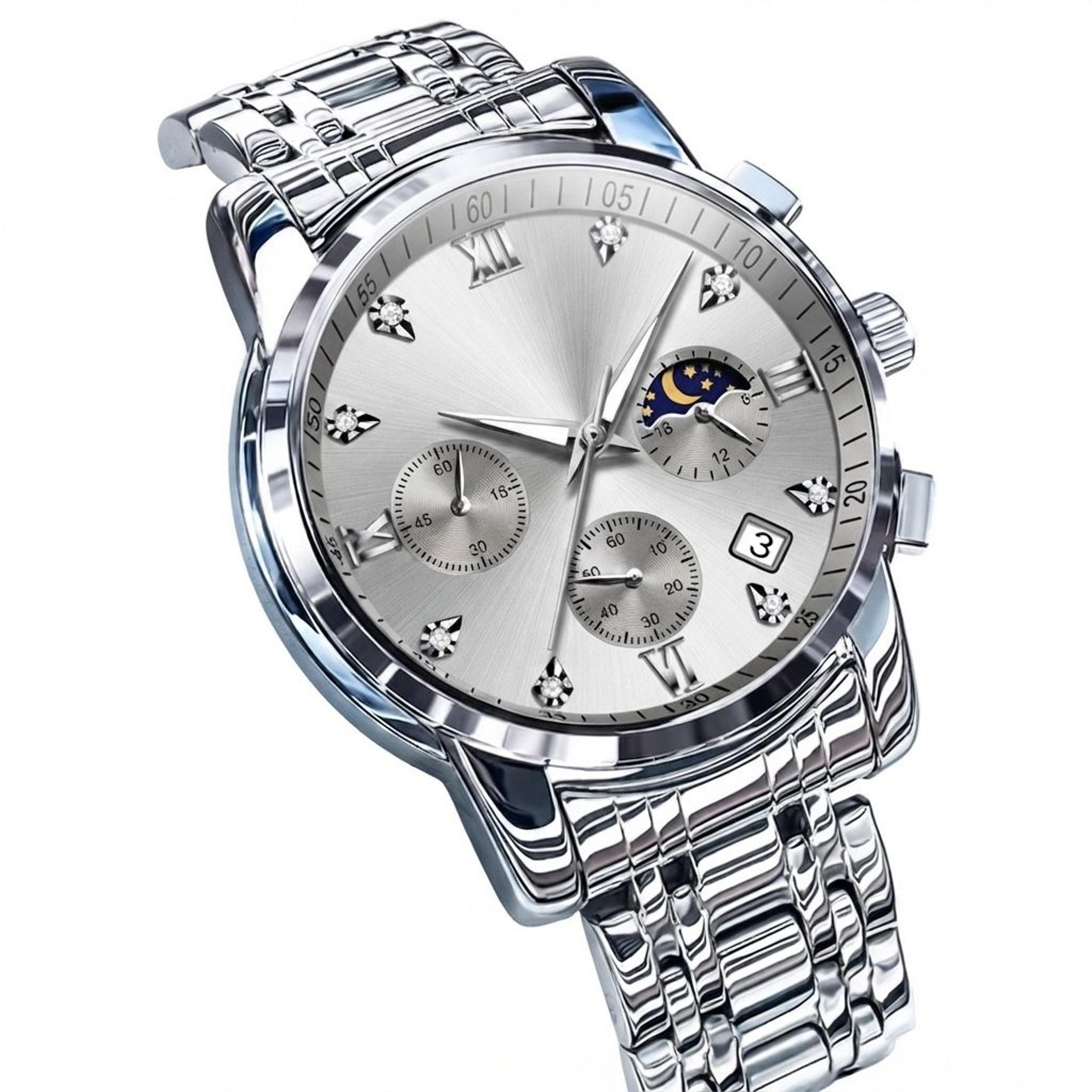 mens luxury quartz watch with stainless steel design and moon phase display