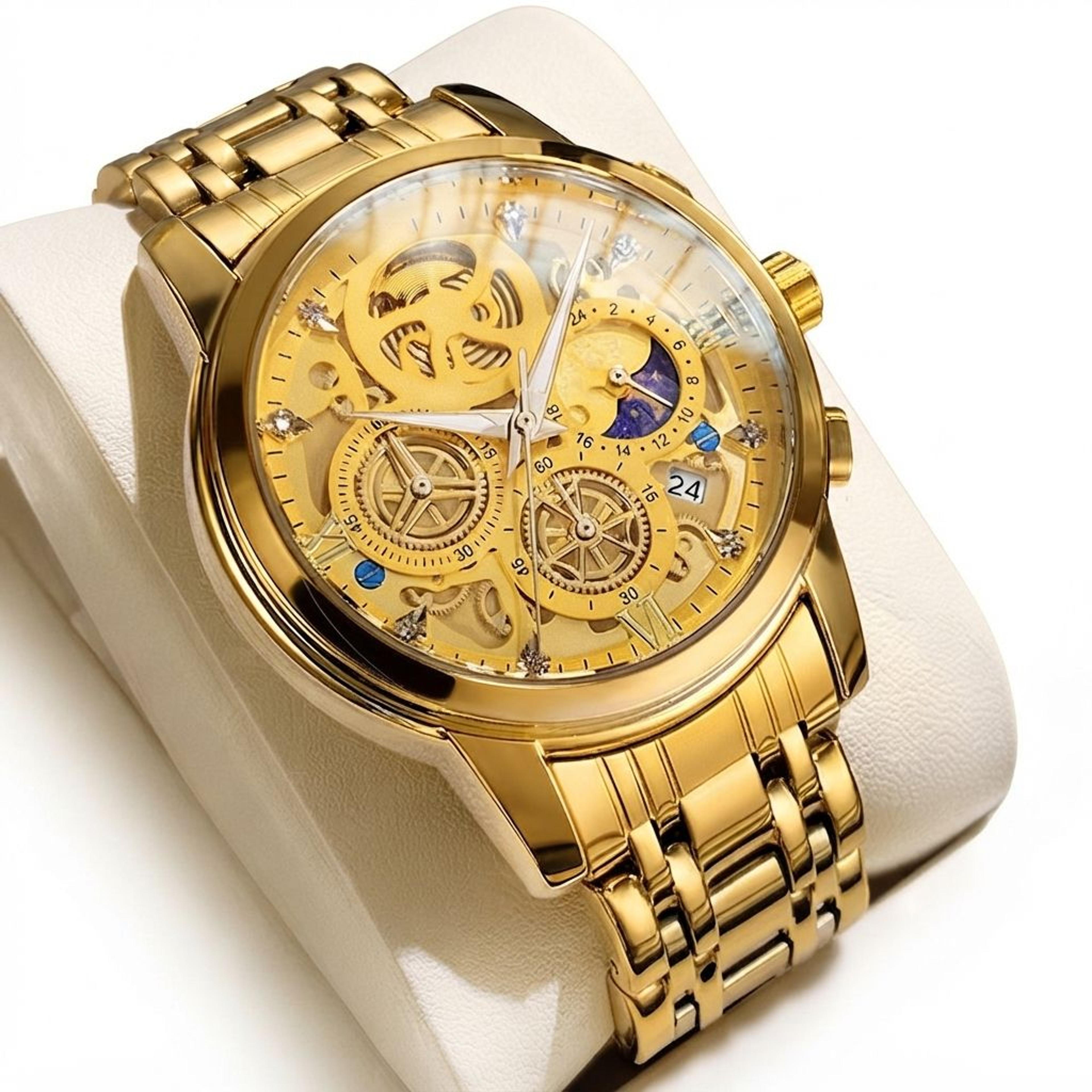 luxury gold skeleton stainless steel mens watch with automatic style design