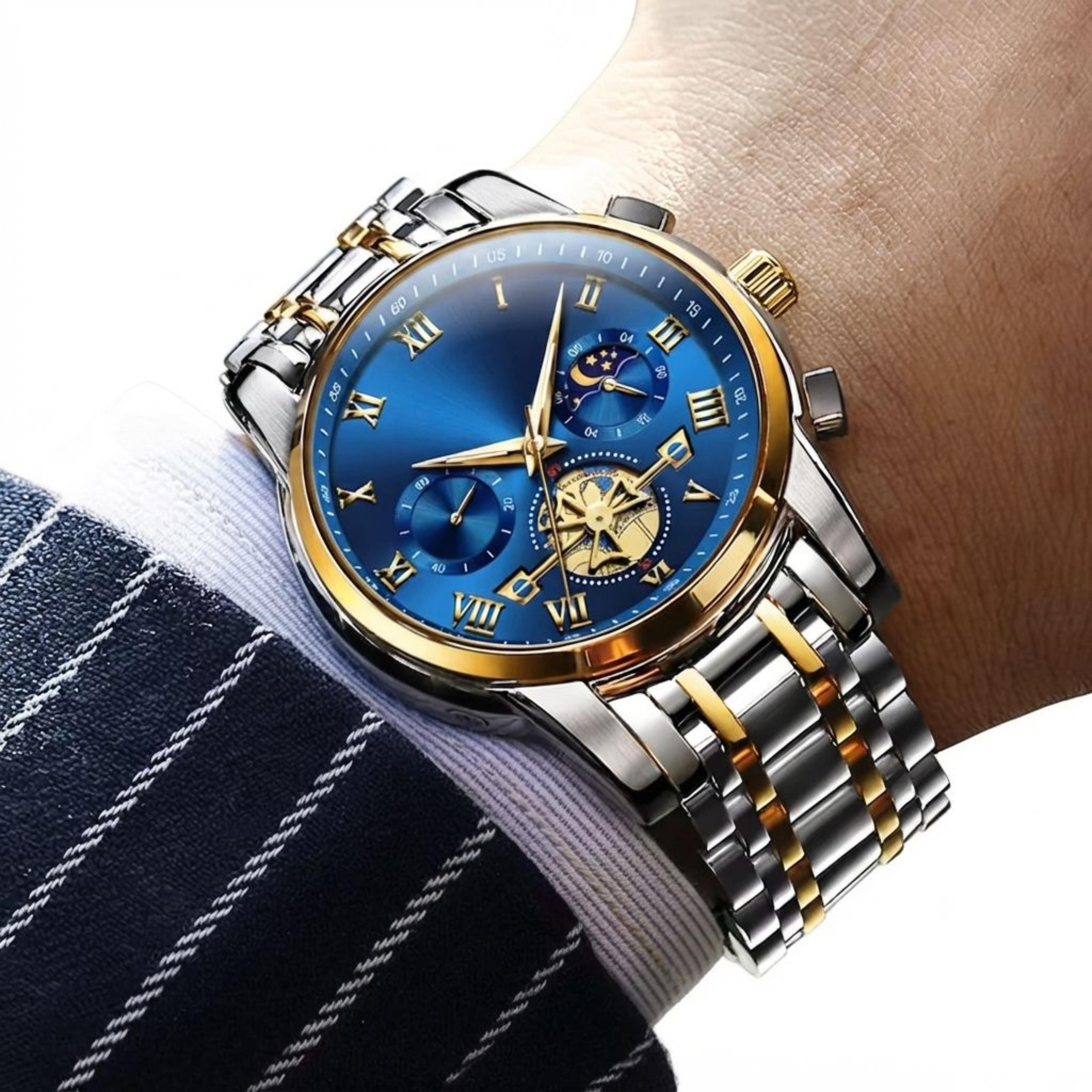 original men's moon phase luminous chronograph quartz luxury stainless steel watch