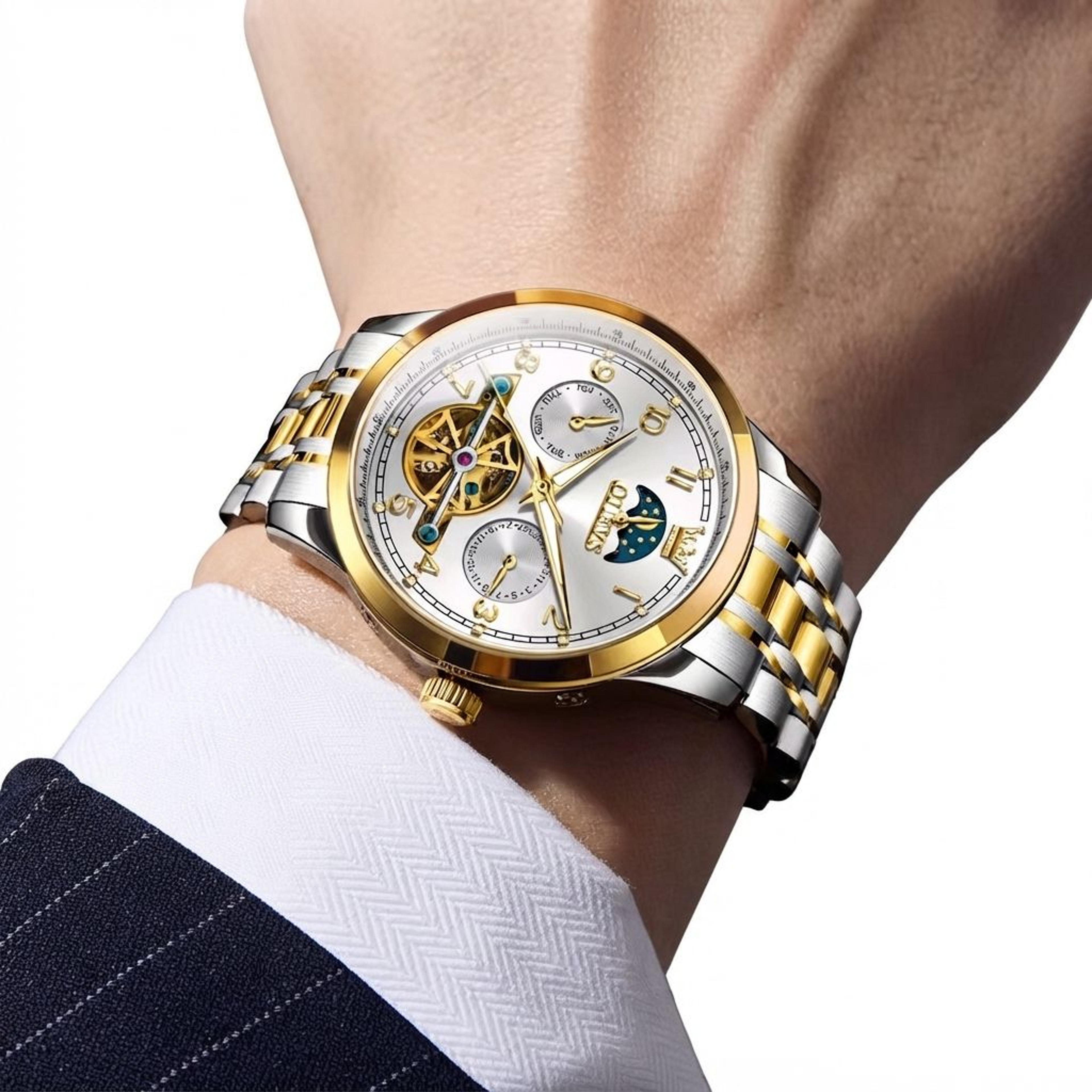 mens watches automatic mechanical business watch with hollow movement and moon phase design