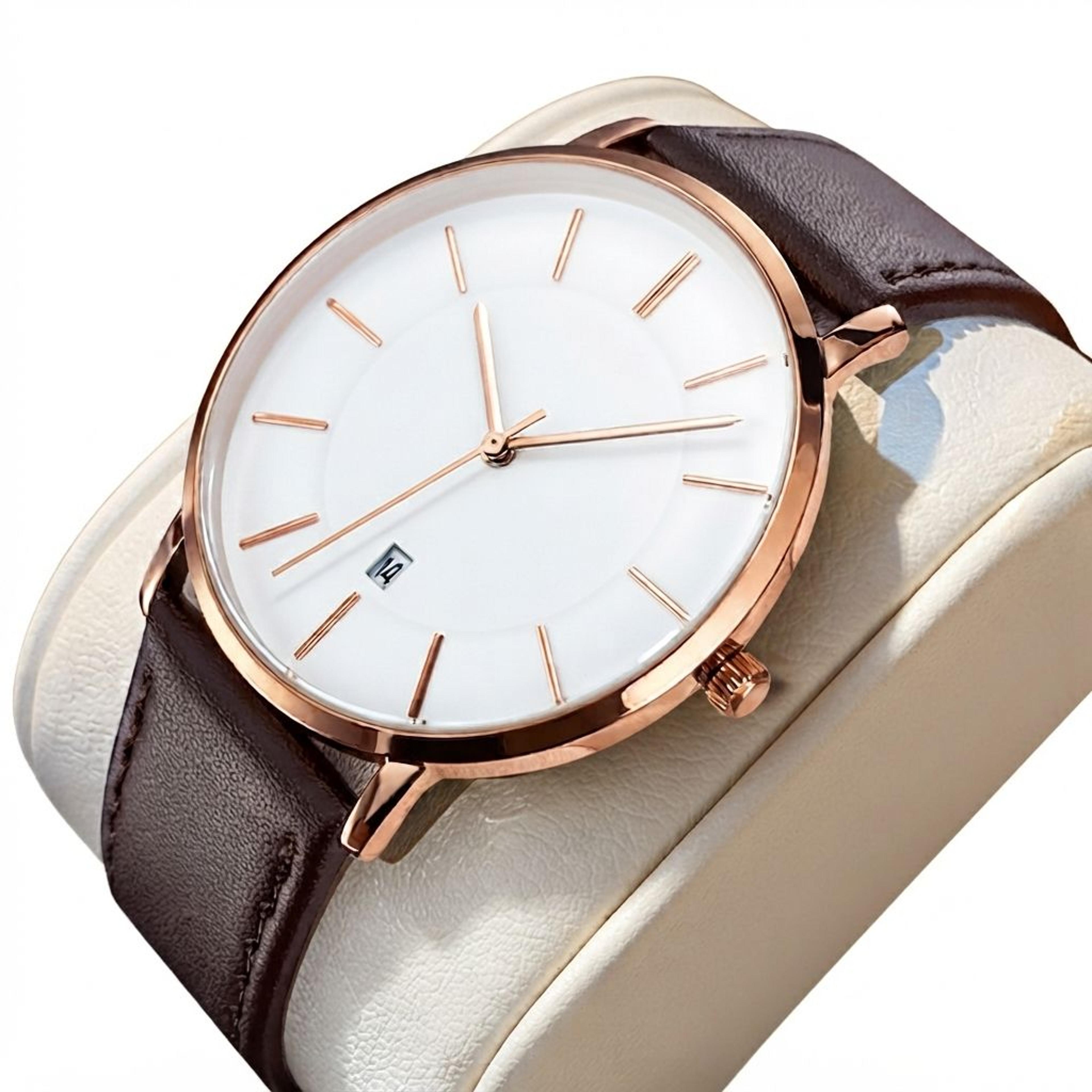 ultra thin minimalist men leather strap quartz watch with auto date
