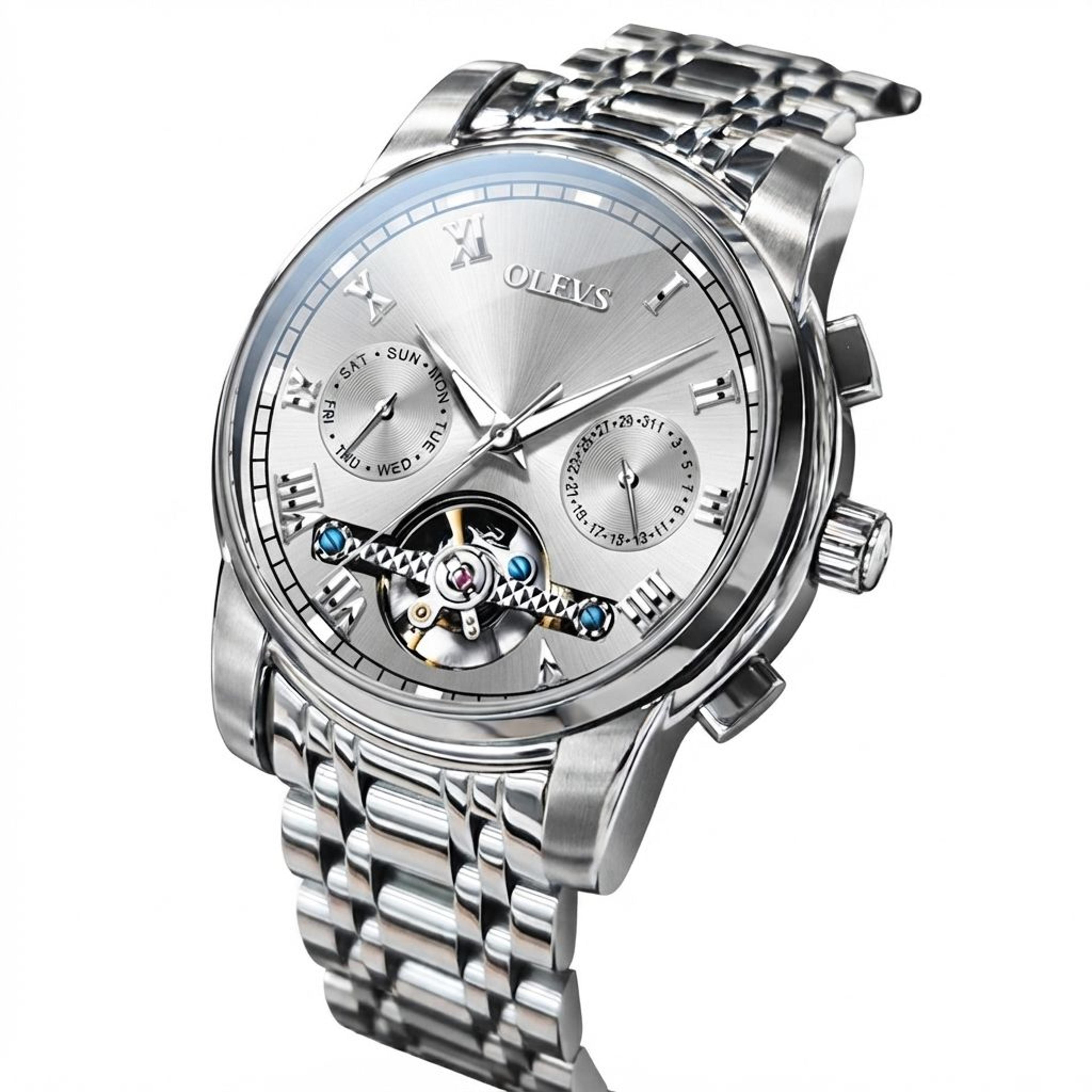 luxury skeleton mechanical watch for men stainless steel automatic flywheel dual calendar wristwatch