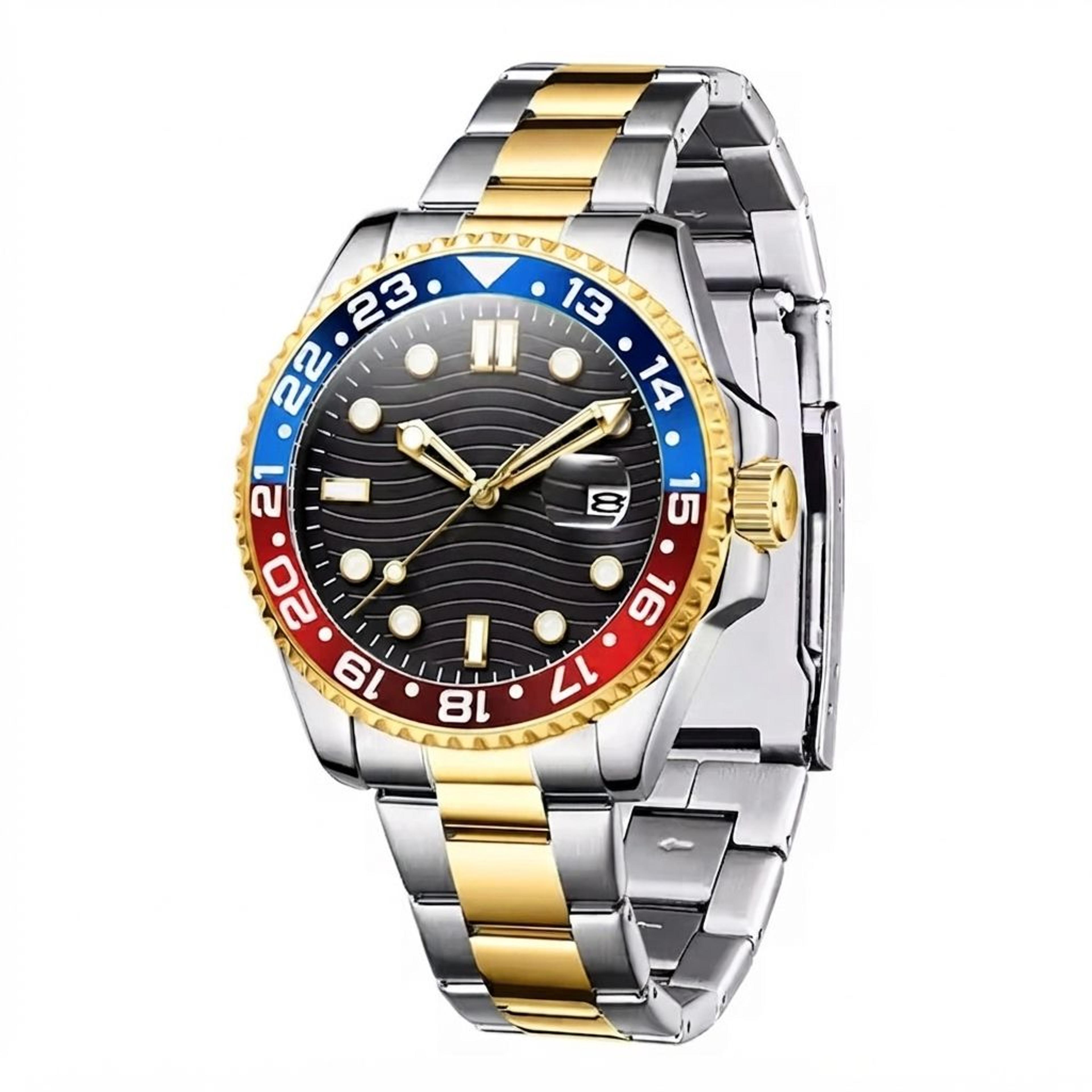 luxury mens diving series quartz watch with stainless steel strap and colorful bezel
