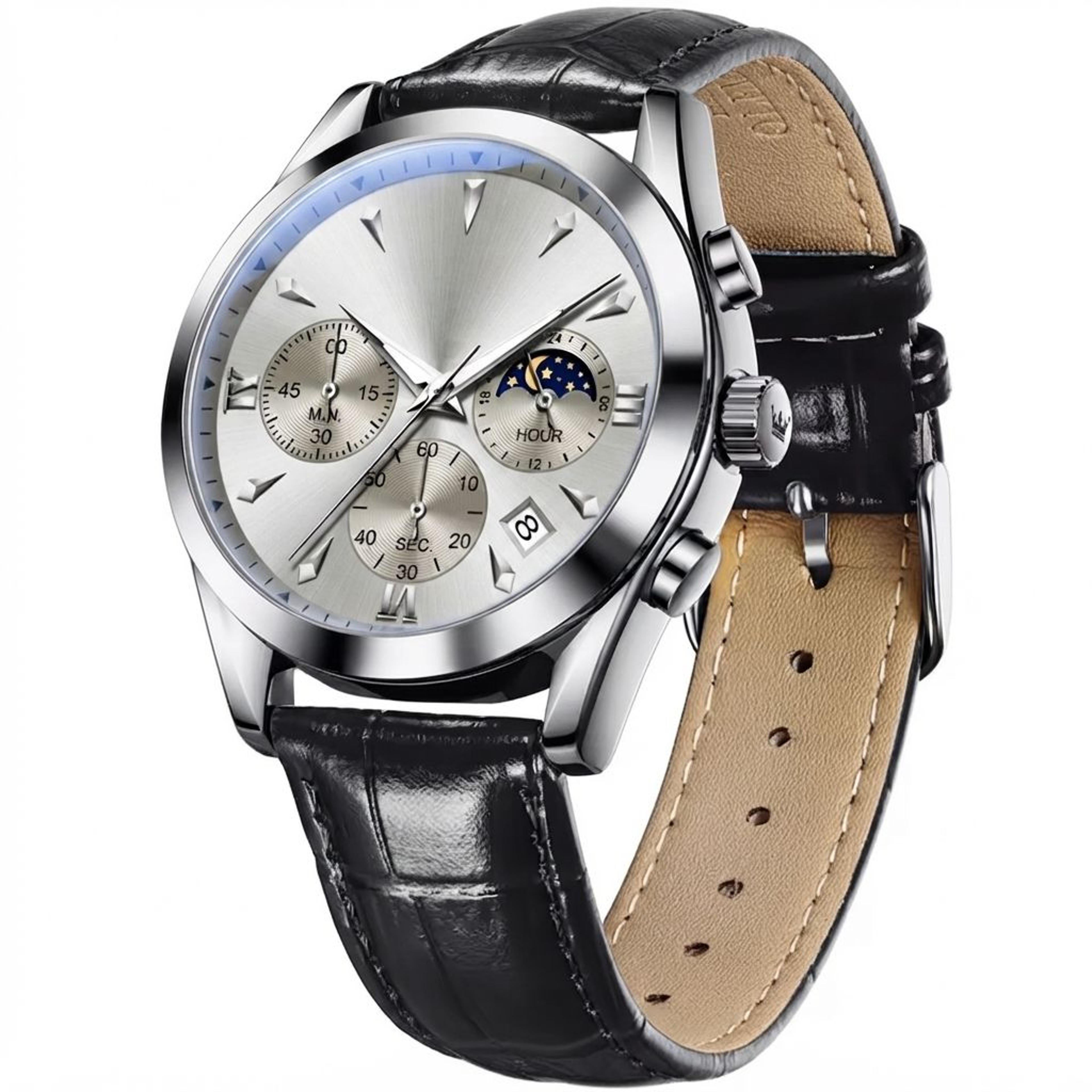 luxury men's moon phase chronograph quartz watch with leather strap and luminous dial