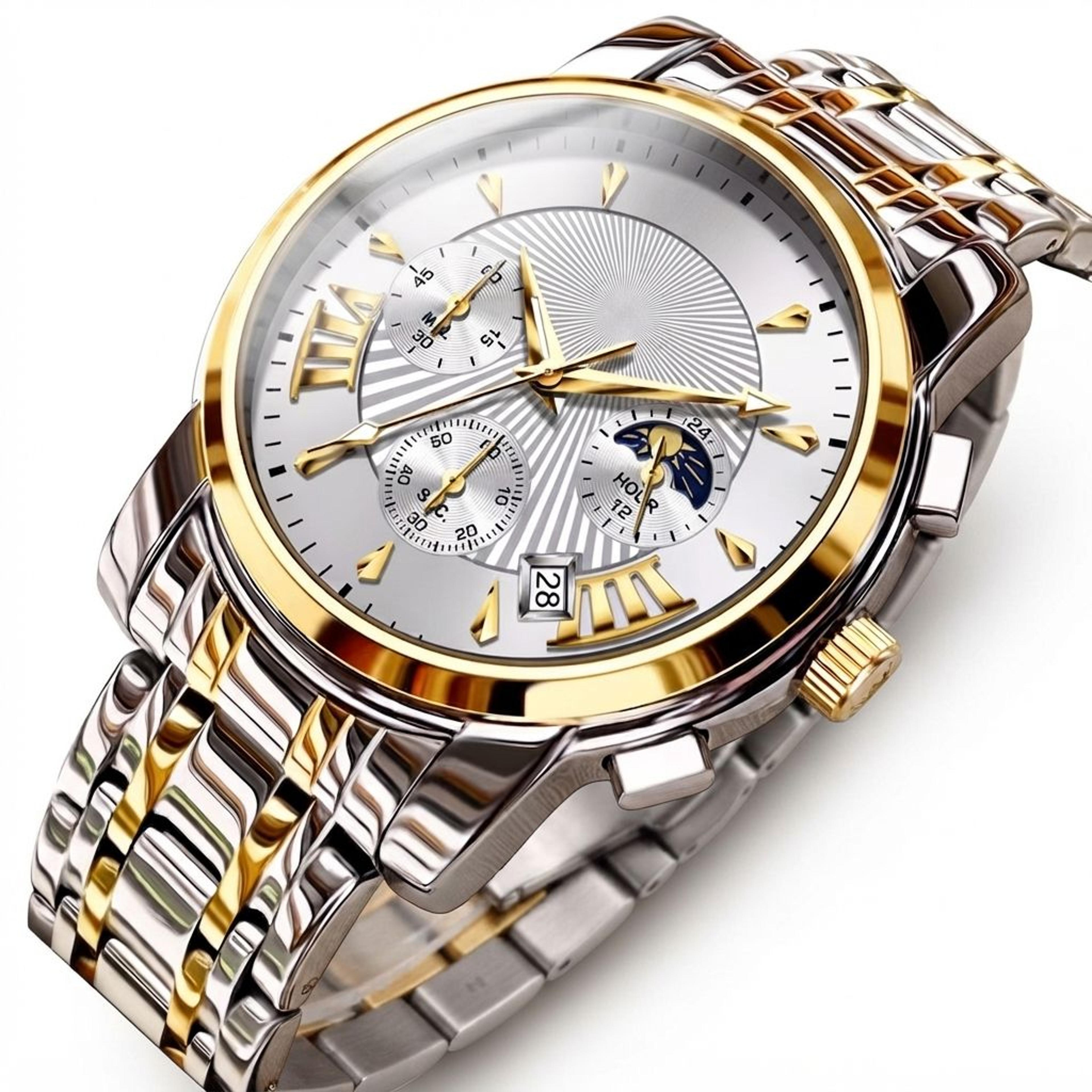 luxury men quartz chronograph watch with moon phase and dual calendar