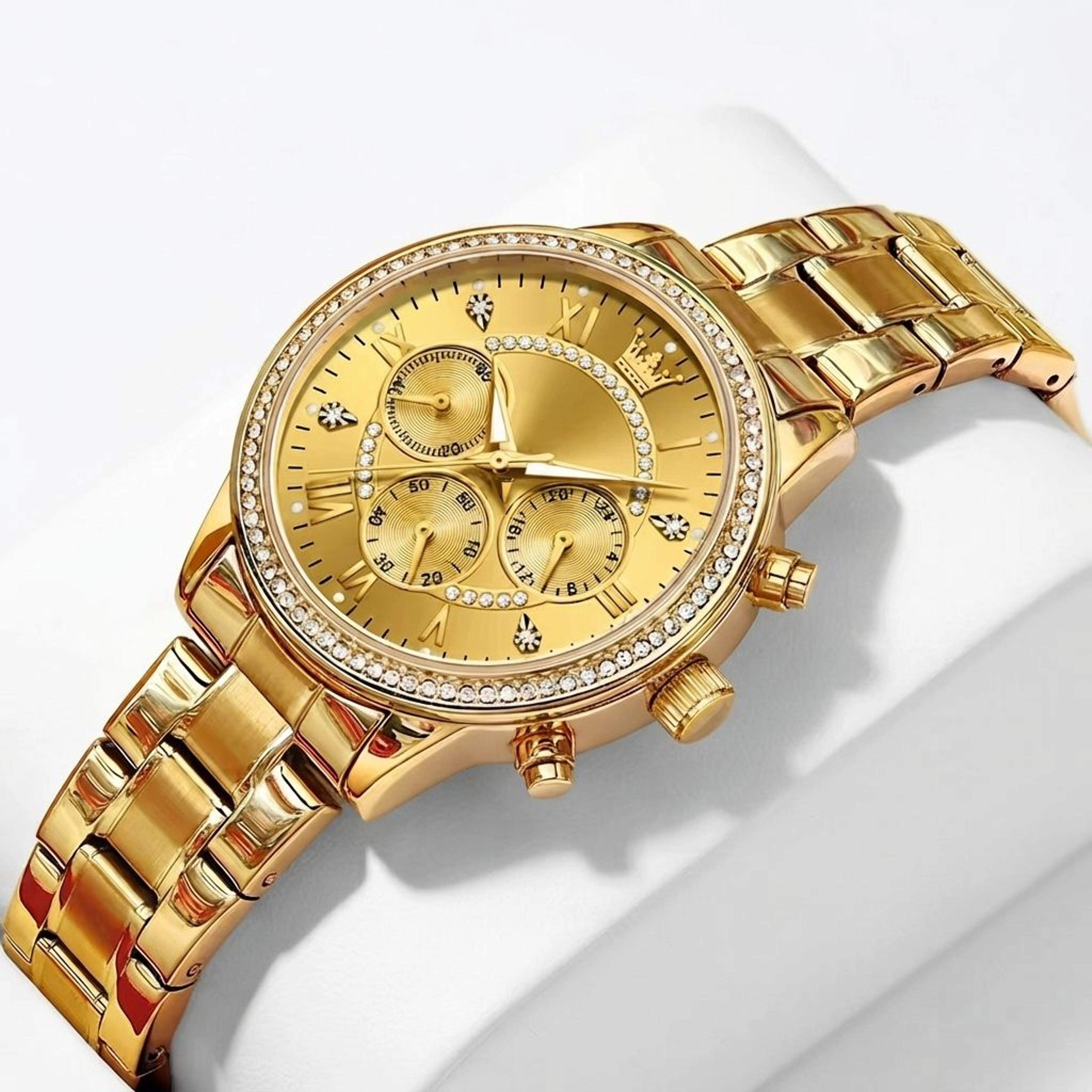 luxury diamond dial gold stainless steel women quartz watch with classic three dial design