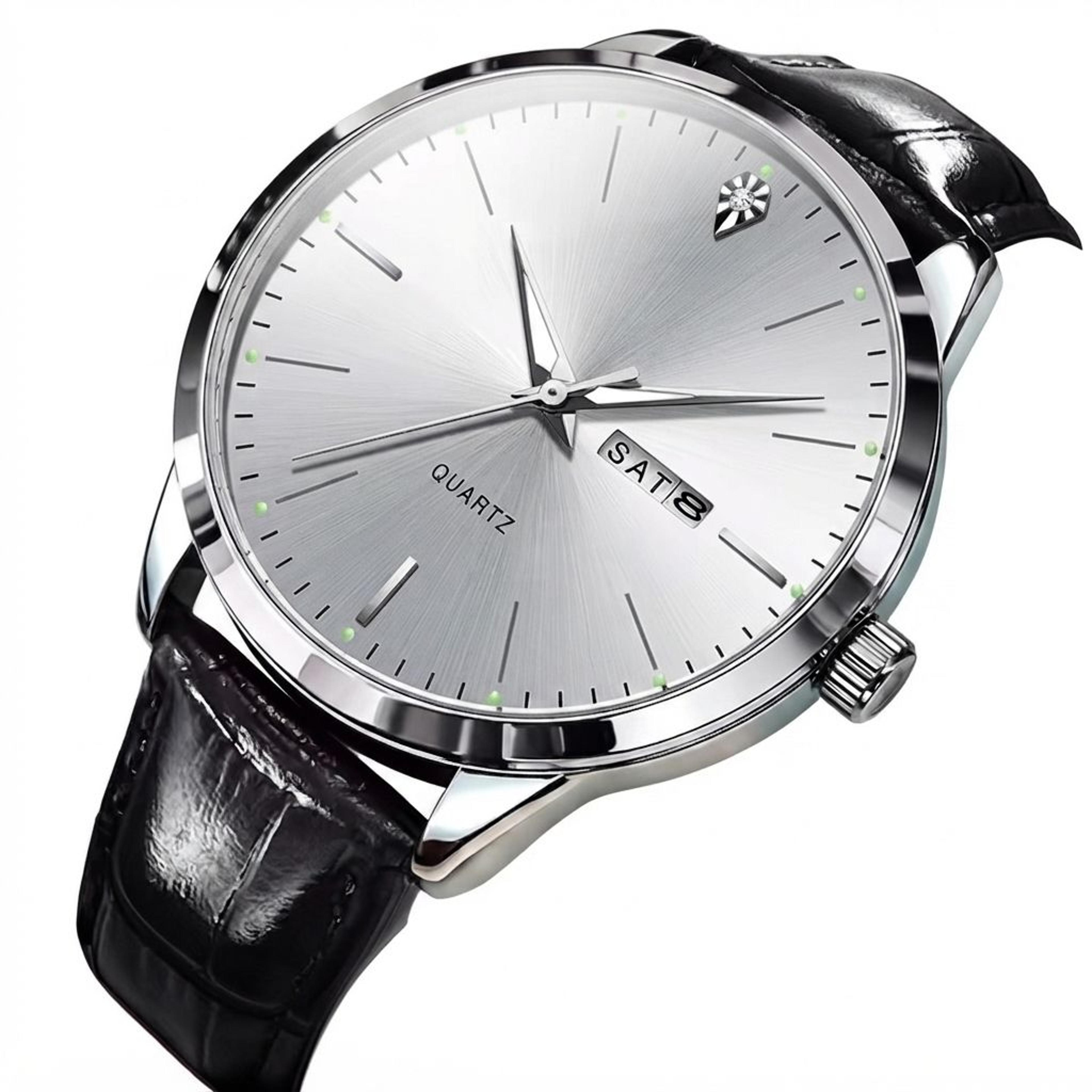 mens dual calendar quartz watch with large dial leather strap waterproof luminous wristwatch