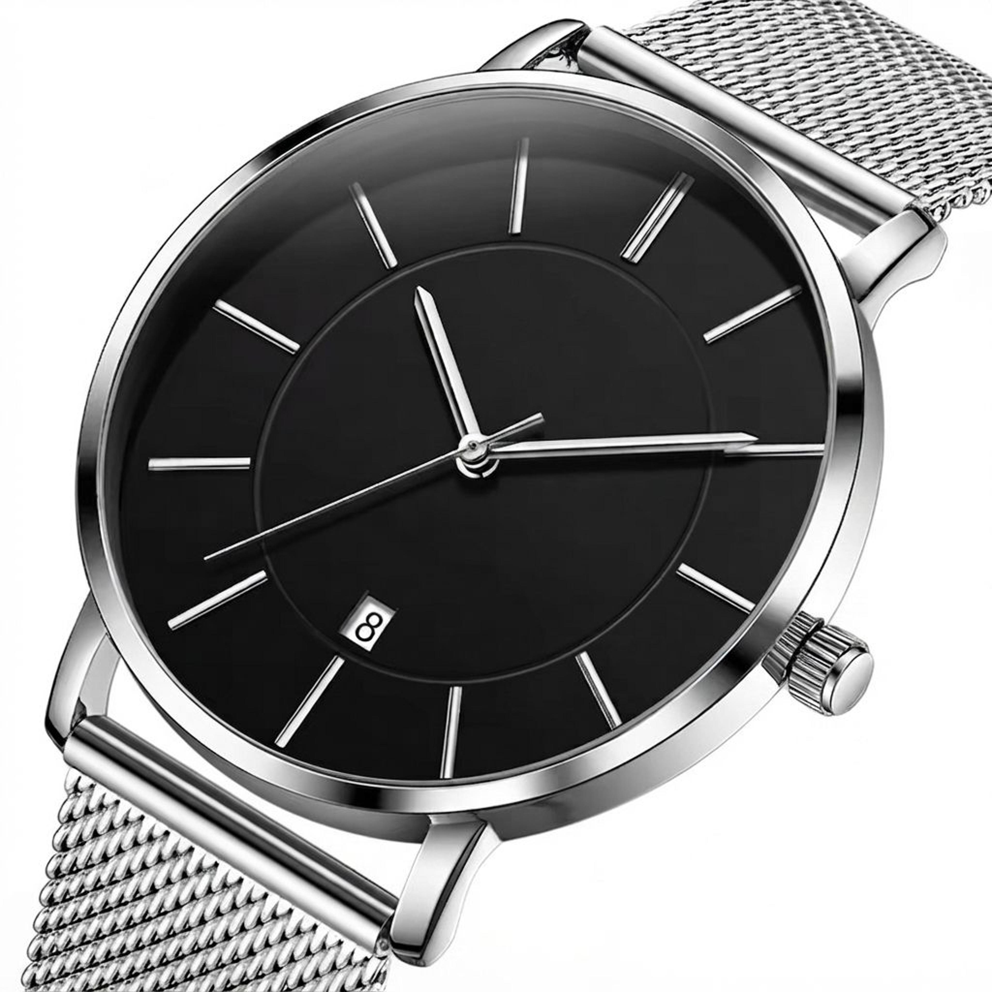 ultra thin minimalist quartz watch for men with mesh steel strap and auto date