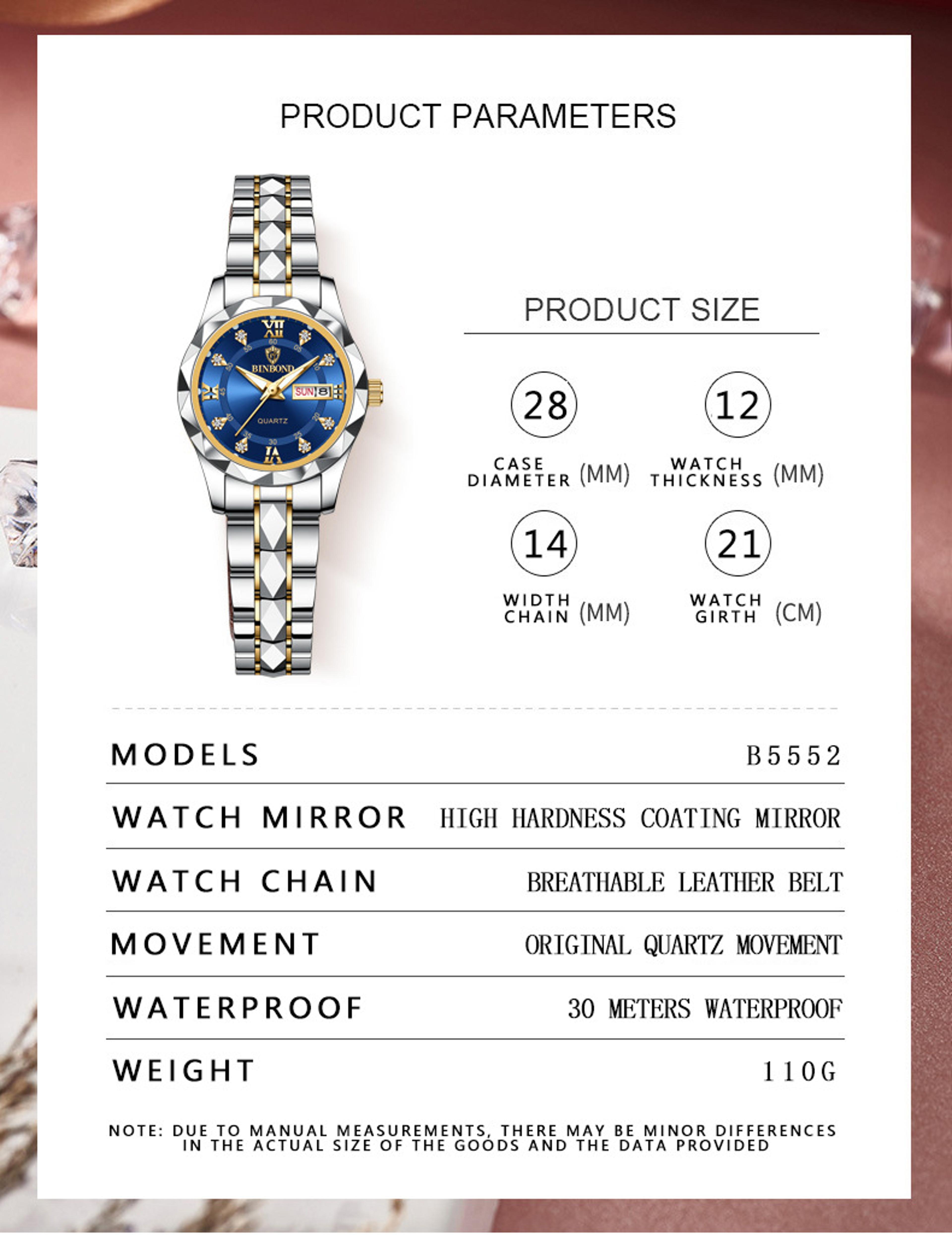 Product Name Luxury Womens Quartz Watch With Week Date Display Waterproof Business Wristwatch 2