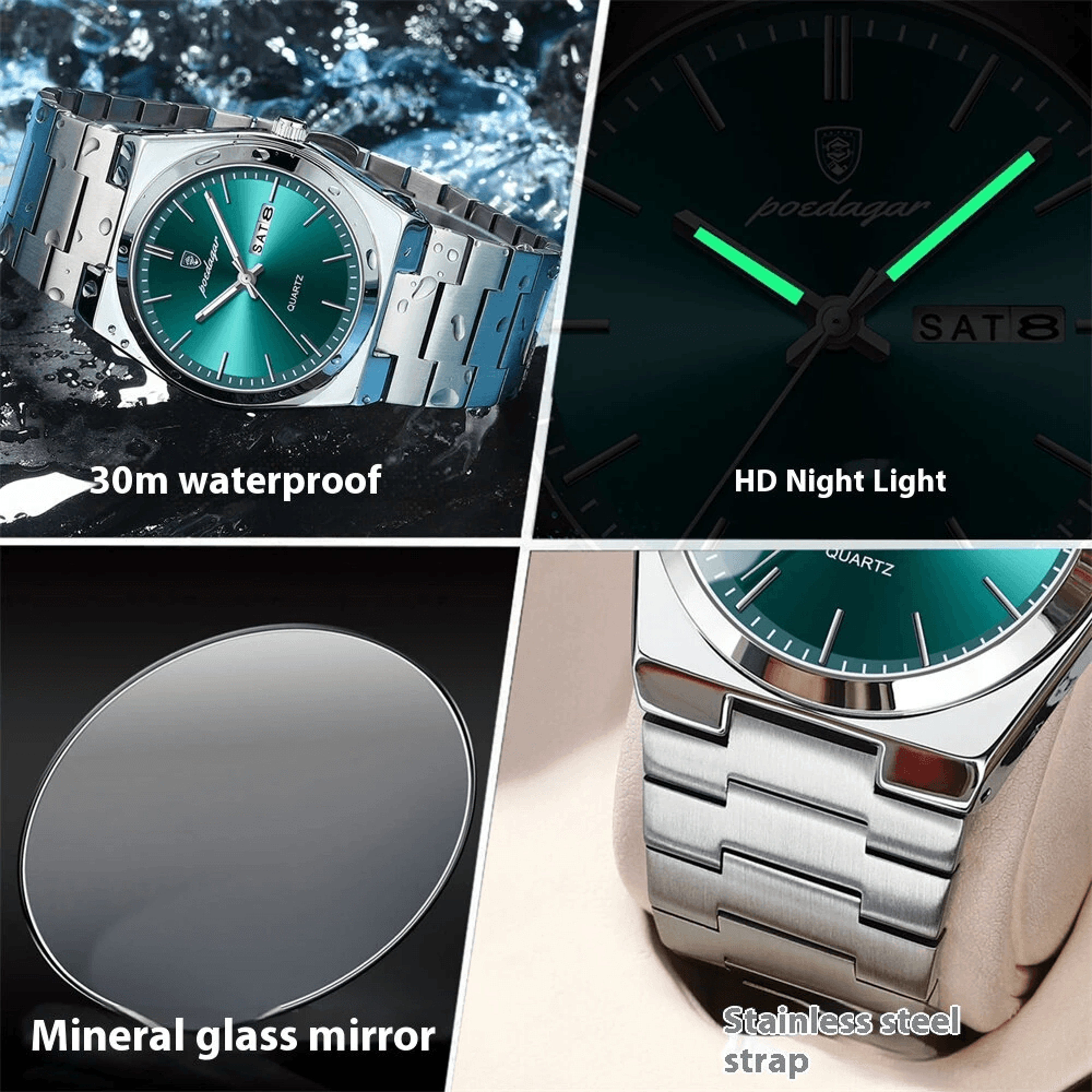Mens Stainless Steel Quartz Watch With Luminous Hands Date Week Display And Water Resistance 3