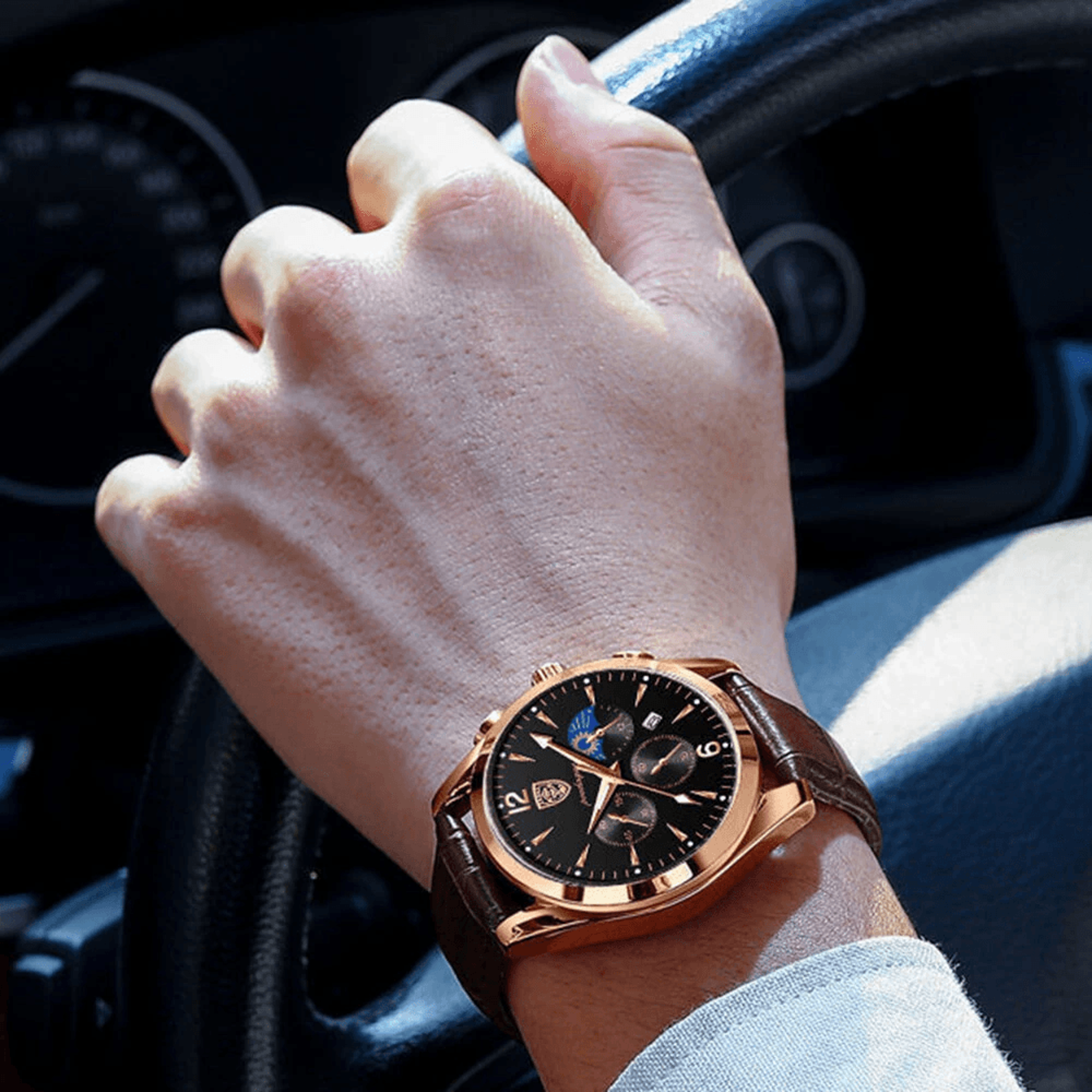 classic men's waterproof quartz watch with luminous display and leather strap