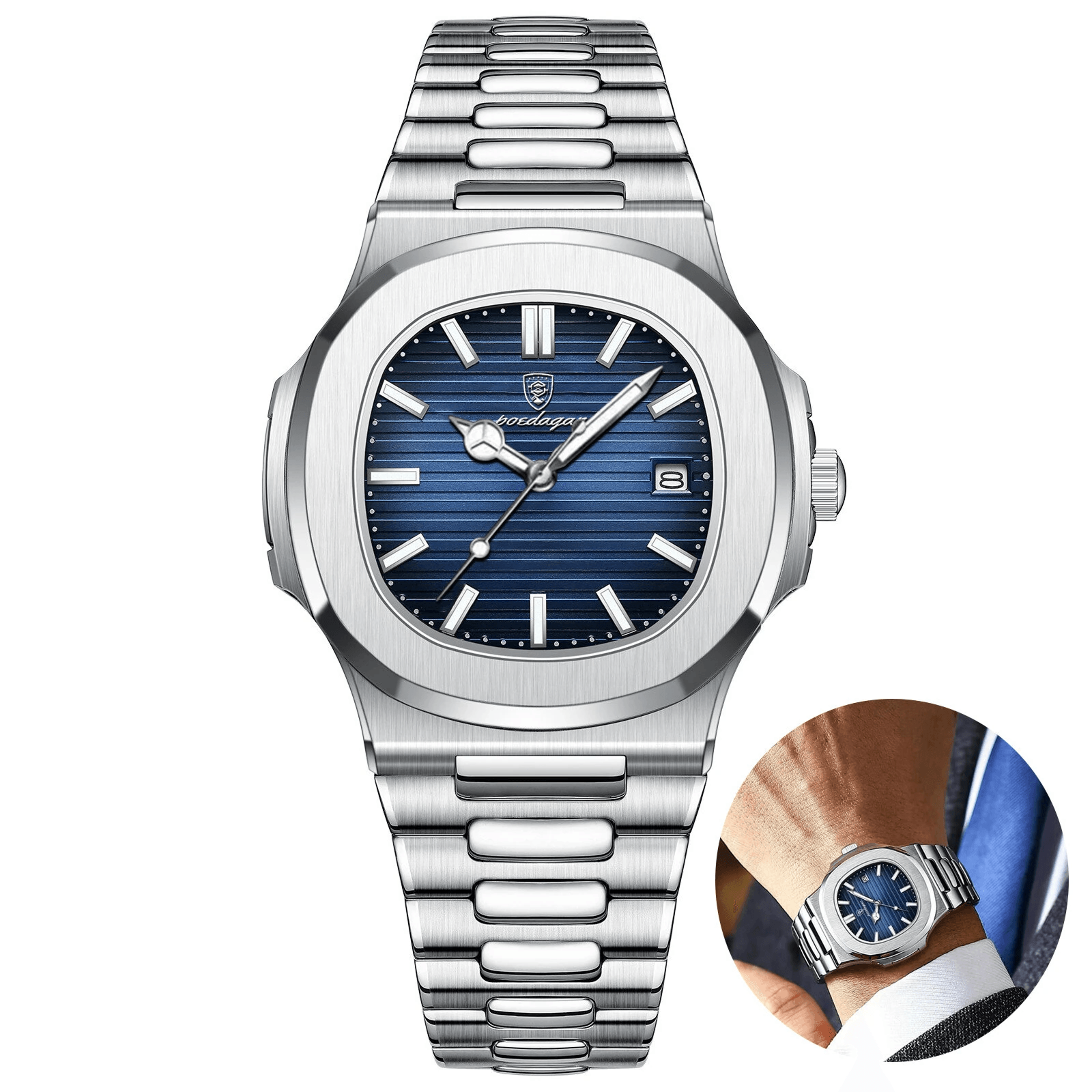 classic square mens quartz watch with luminous date display and steel straps